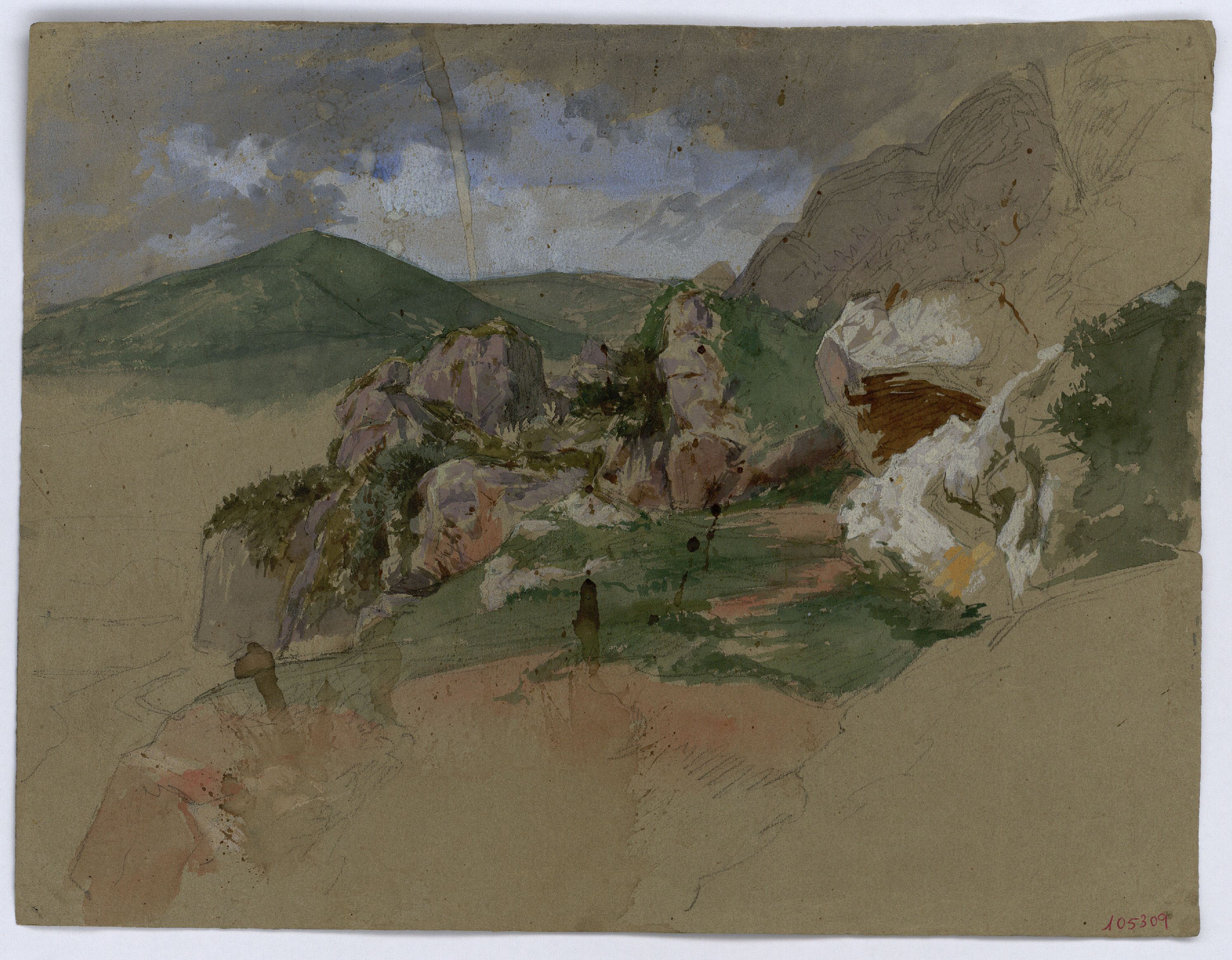 image for: Marià Fortuny - Paisatge rocós (anvers) / Croquis inconcret (revers) - Cap a 1860-1862