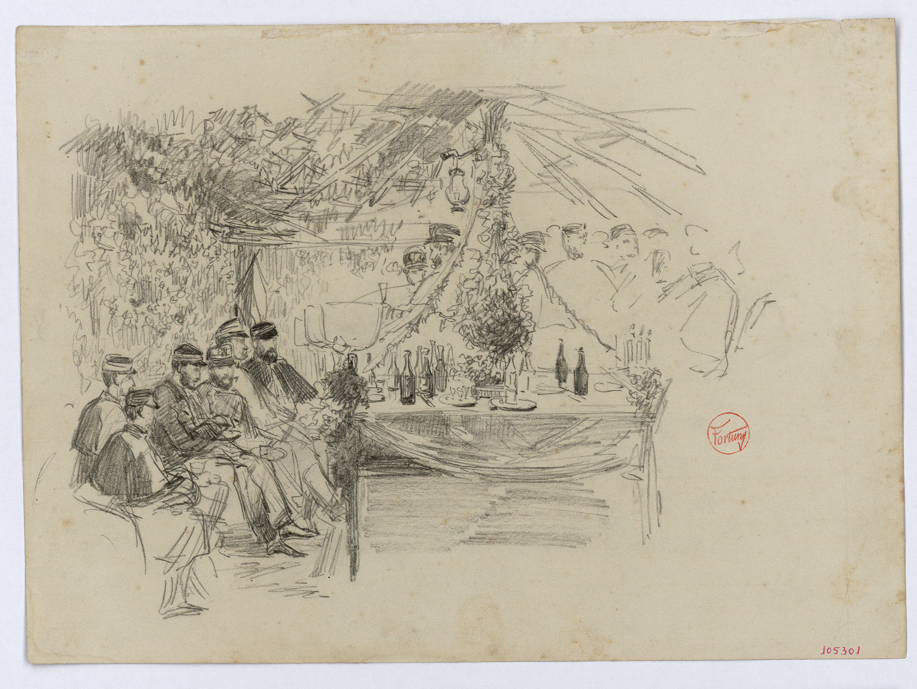 image for: Marià Fortuny - Festa militar espanyola (anvers) / Soldat espanyol, canons i cavall (revers) - Cap a 1860