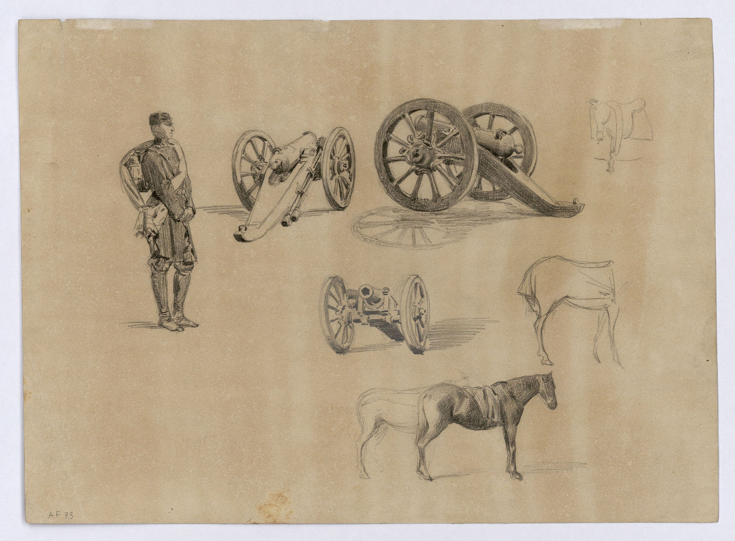 image for: Marià Fortuny - Festa militar espanyola (anvers) / Soldat espanyol, canons i cavall (revers) - Cap a 1860 [1]