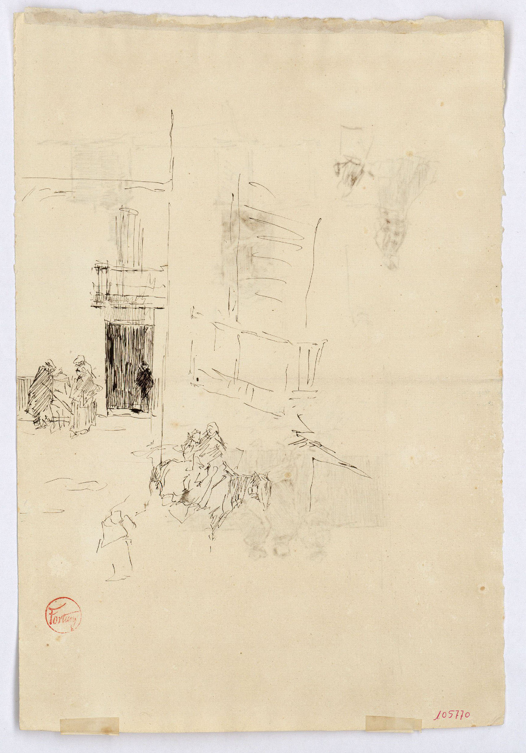 image for: Marià Fortuny - Esbós de carrer amb figures (anvers) / Figures i campanars (revers) - Cap a 1870-1872