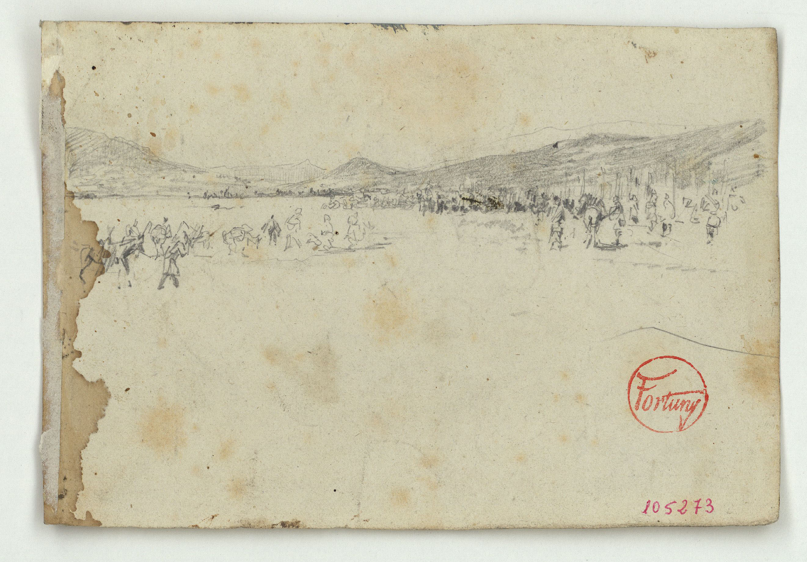 image for: Marià Fortuny - Campament militar (anvers) / Dibujos en la casa del santón donde está nuestra avanzada (revers) - Cap a 1860
