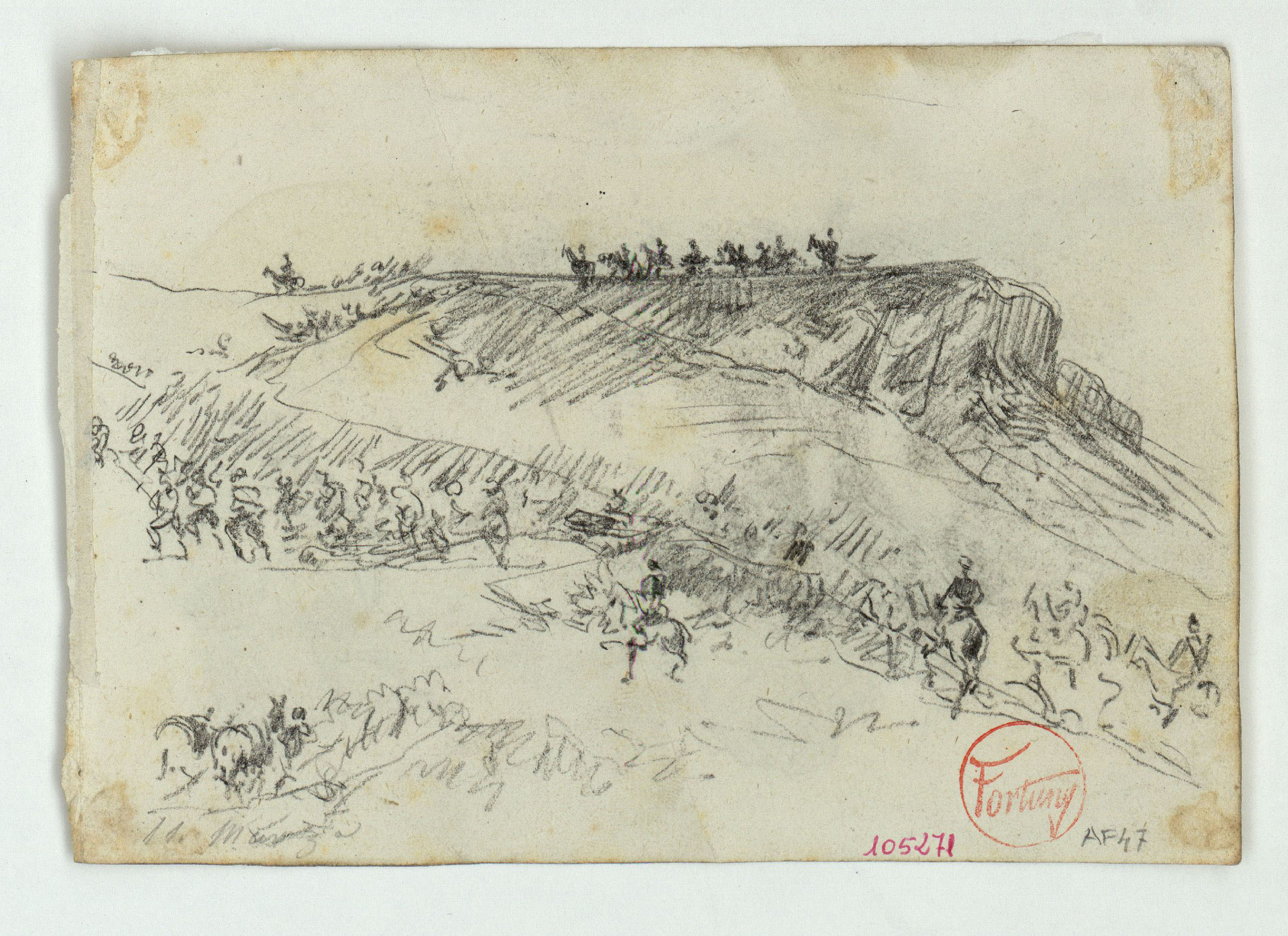 image for: Marià Fortuny - Paisatge marroquí amb l'exèrcit espanyol (anvers) / Genets i sarrons (revers) - Cap a 1860