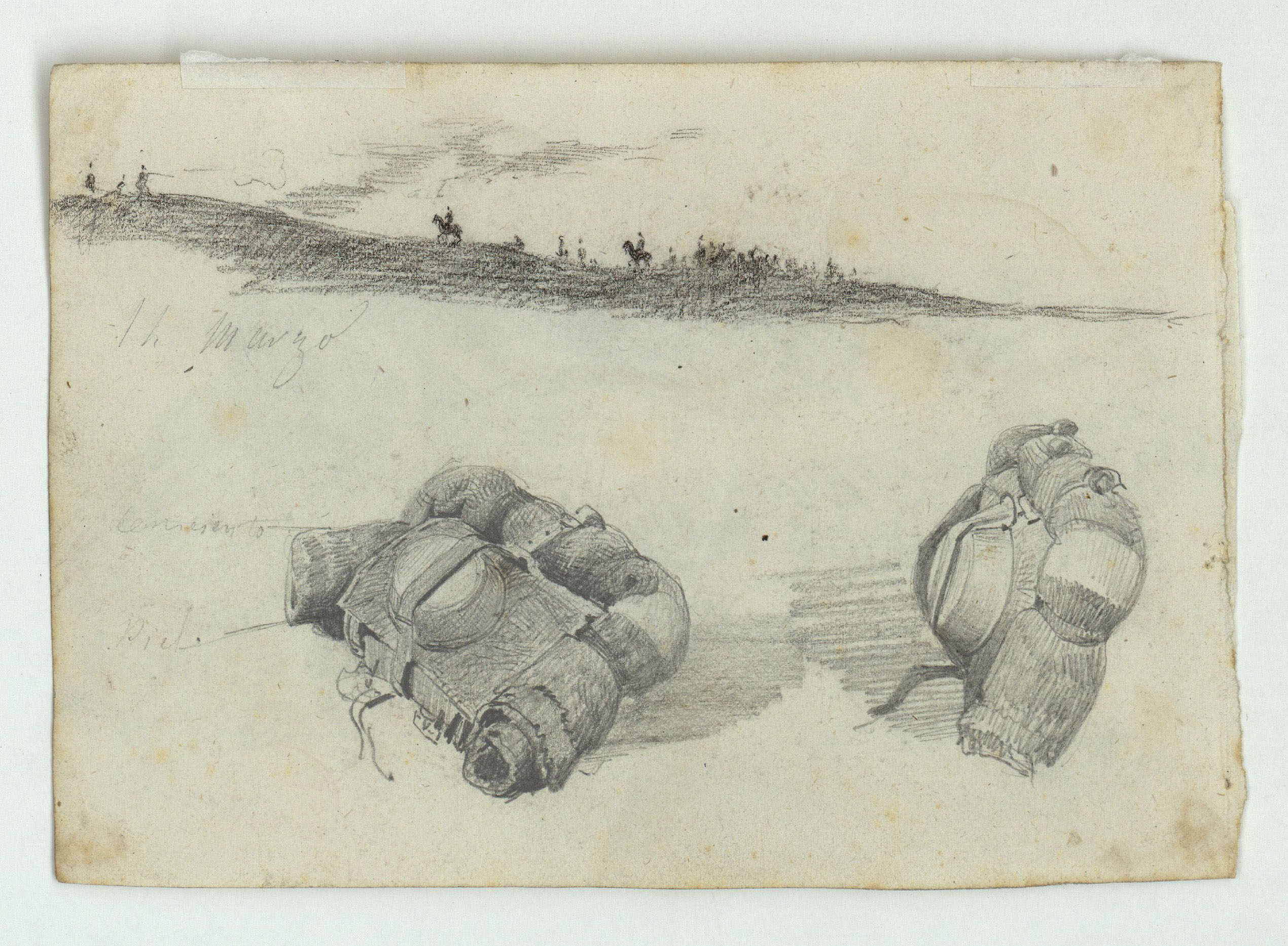 image for: Marià Fortuny - Paisatge marroquí amb l'exèrcit espanyol (anvers) / Genets i sarrons (revers) - Cap a 1860 [1]