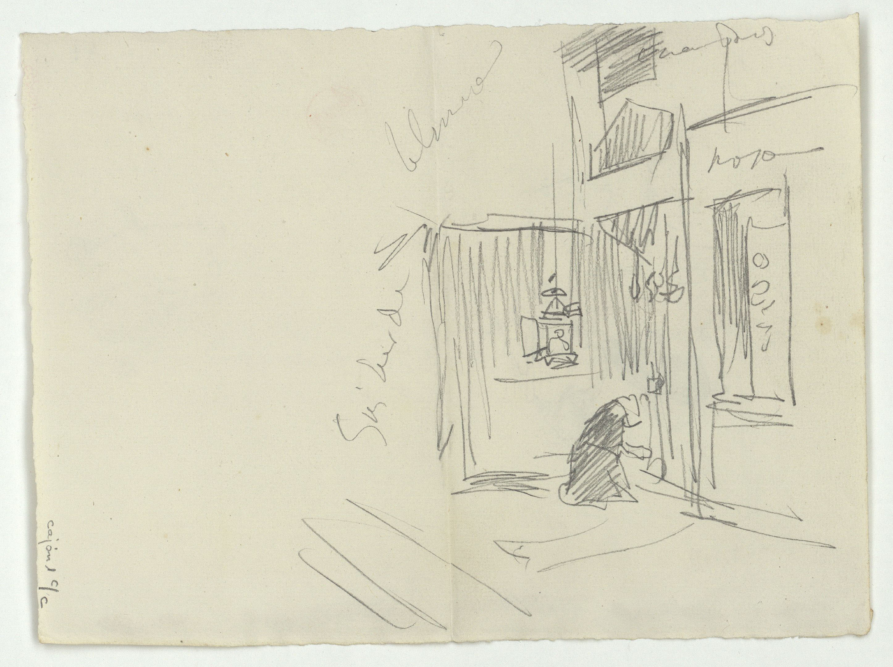 image for: Marià Fortuny - Esbós de figures i parella davant d'una taula (anvers) / Esbós d'interior d'església amb figura (revers) - Cap a 1867-1872 [1]