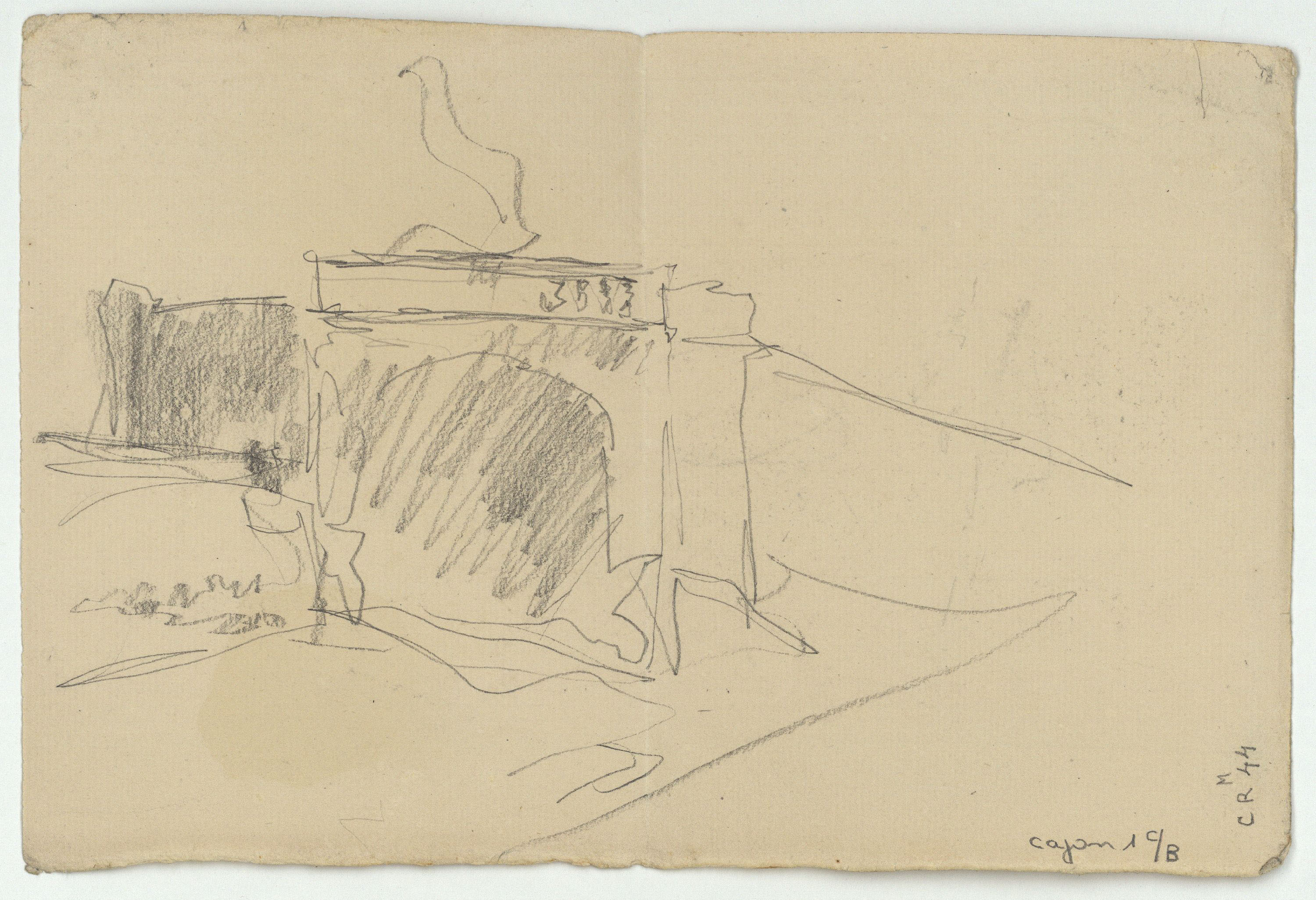 image for: Marià Fortuny - Esbós de figures femenines i croquis inconcret (anvers) / Croquis arquitectònic (revers) - Cap a 1870-1874 [1]