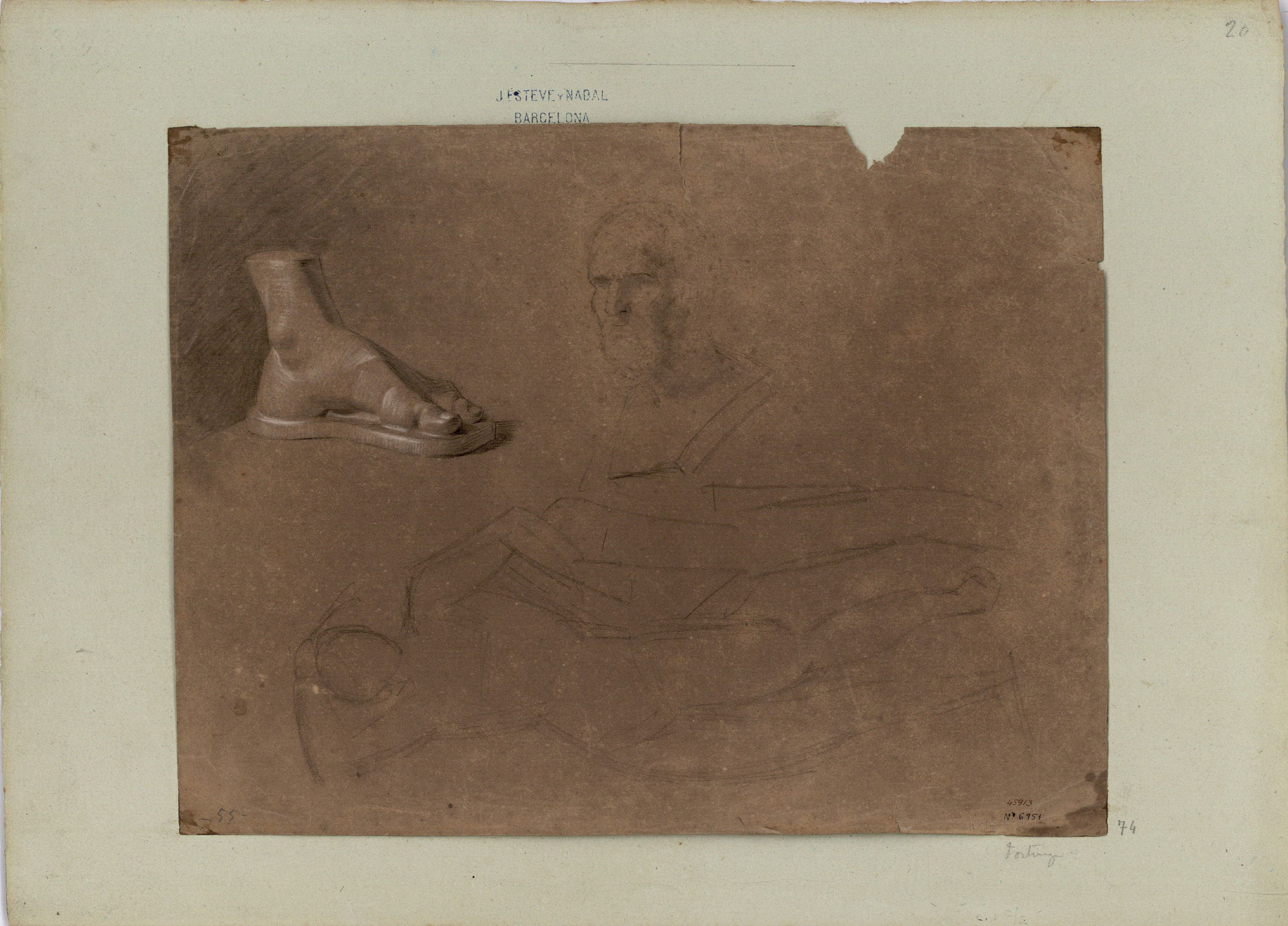 image for: Marià Fortuny - Estudi acadèmic de peu, cap i esbós de figura - Cap a 1856-1858