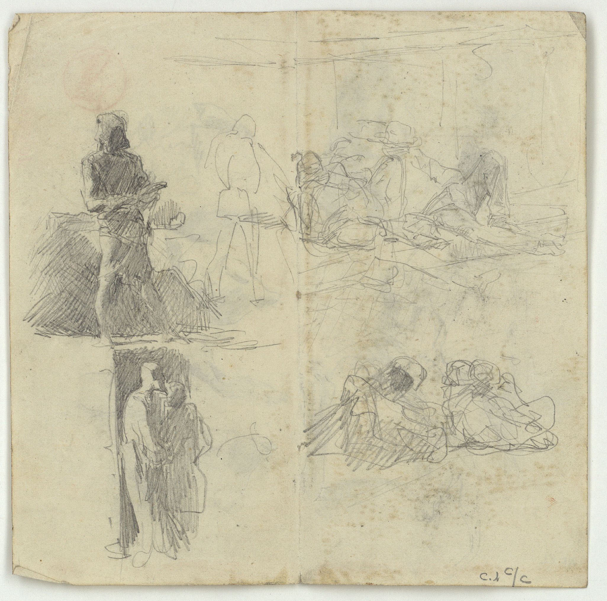 image for: Marià Fortuny - Estudi per al quadre «El corral» [?] (anvers) / Croquis de figures (revers) - Cap a 1869 [1]