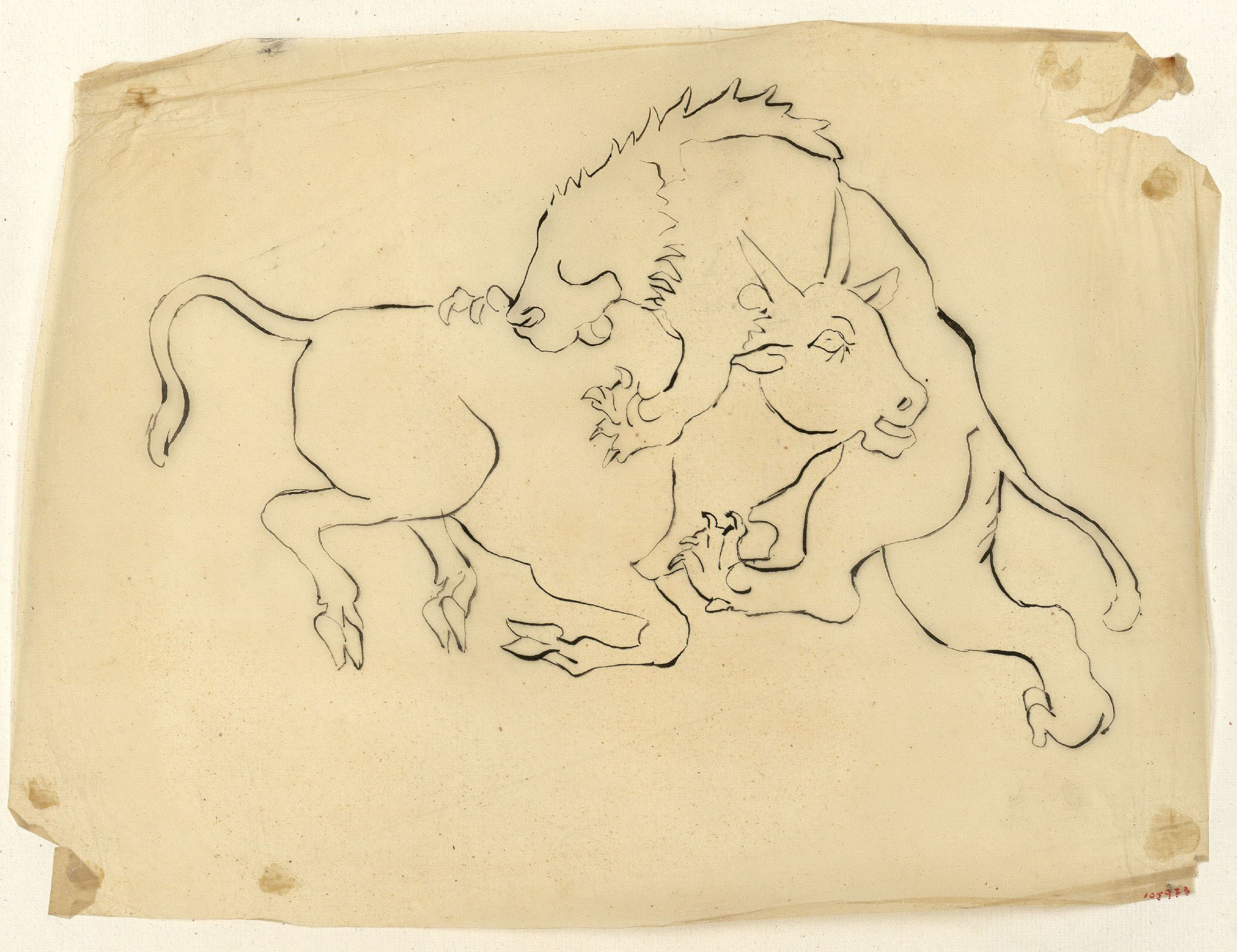 image for: Marià Fortuny - Calc d'un lleó atacant un toro - Cap a 1867-1872
