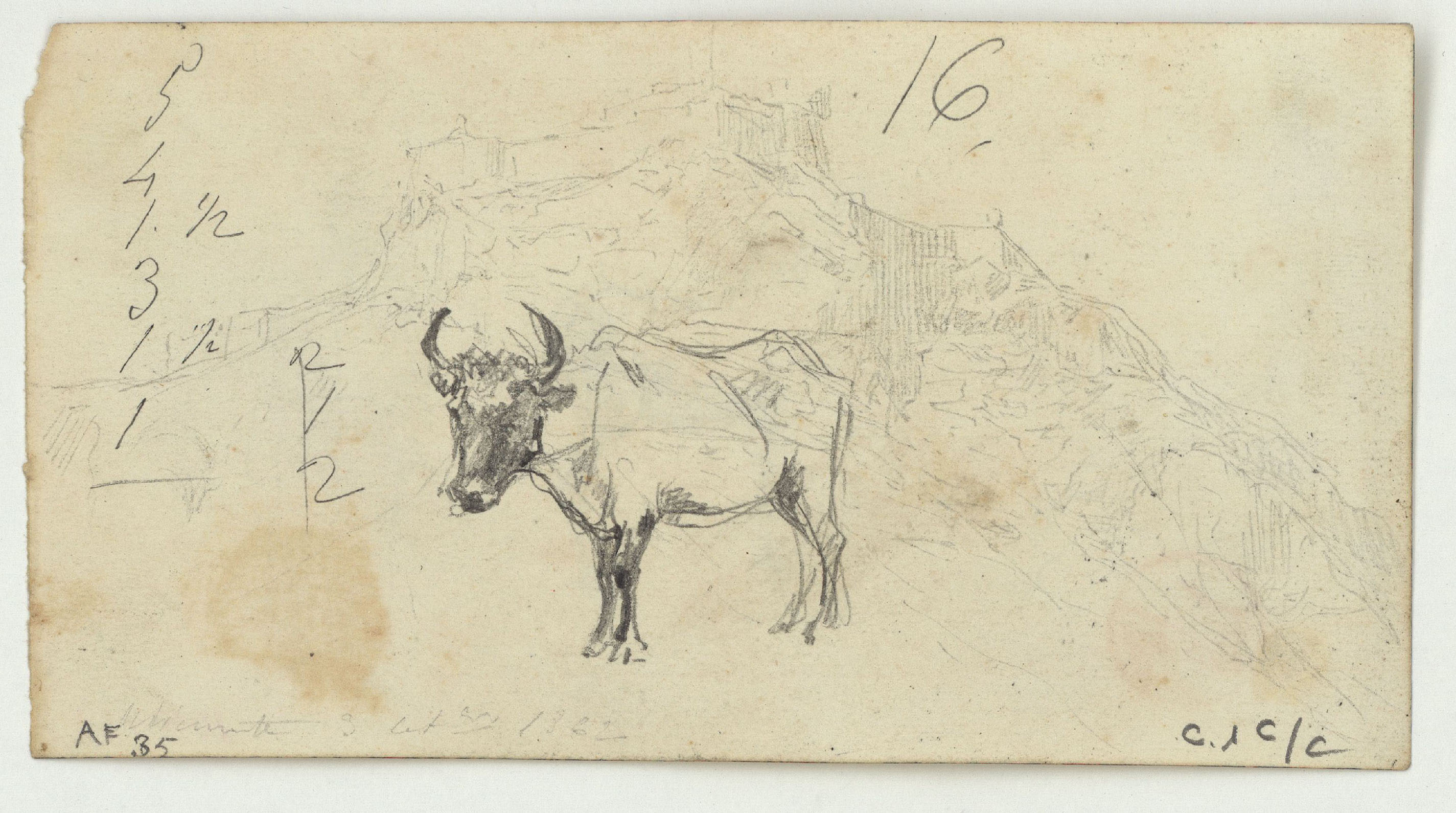 image for: Marià Fortuny - Inscripció àrab, cavall i marroquí (anvers) / Toro i paisatge marroquí (revers) - Cap a 1860-1862 [1]