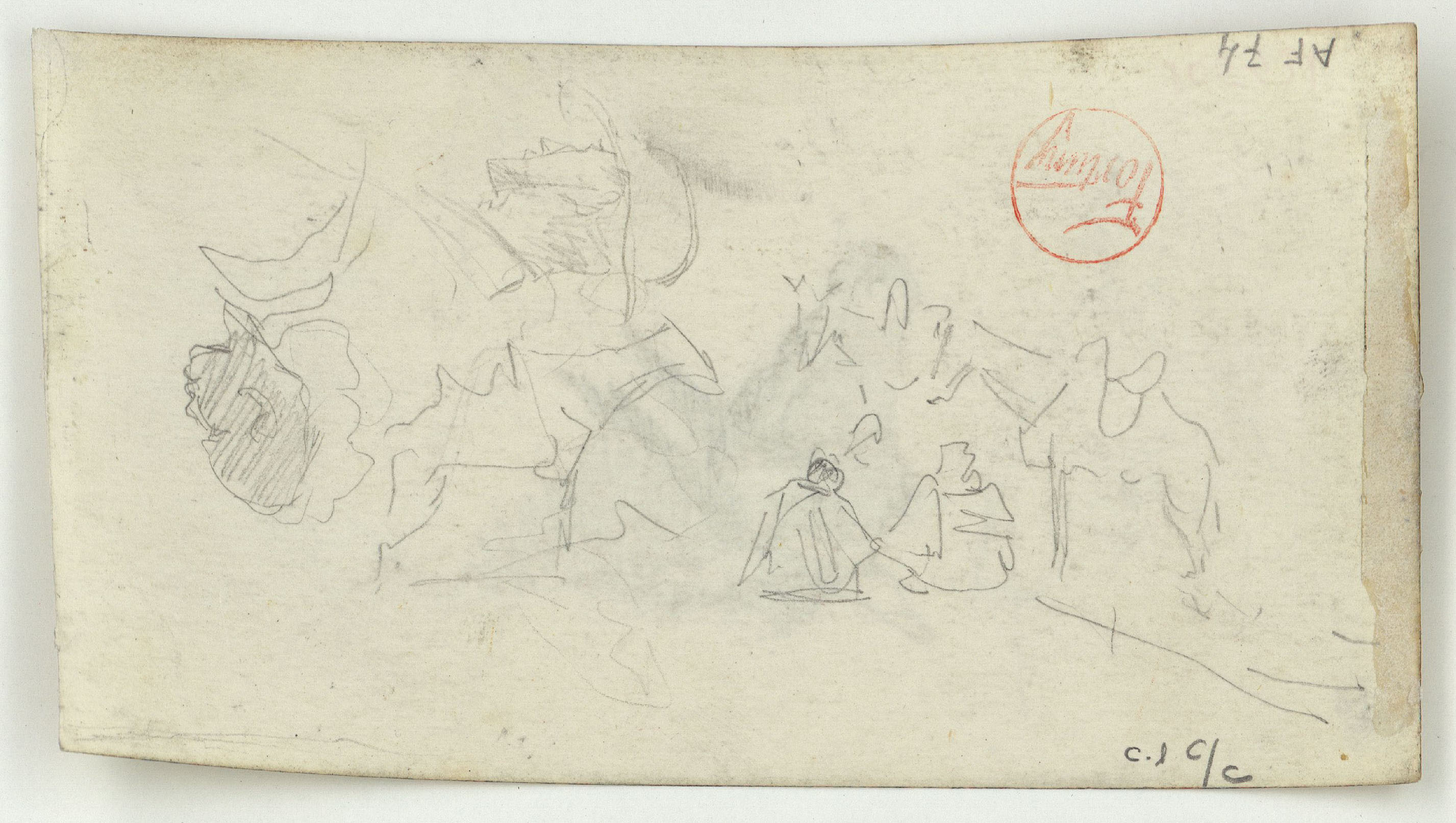 image for: Marià Fortuny - Croquis de figures i cavall (anvers) / Croquis d'un ase i marroquí (revers) - Cap a 1860-1862 [1]