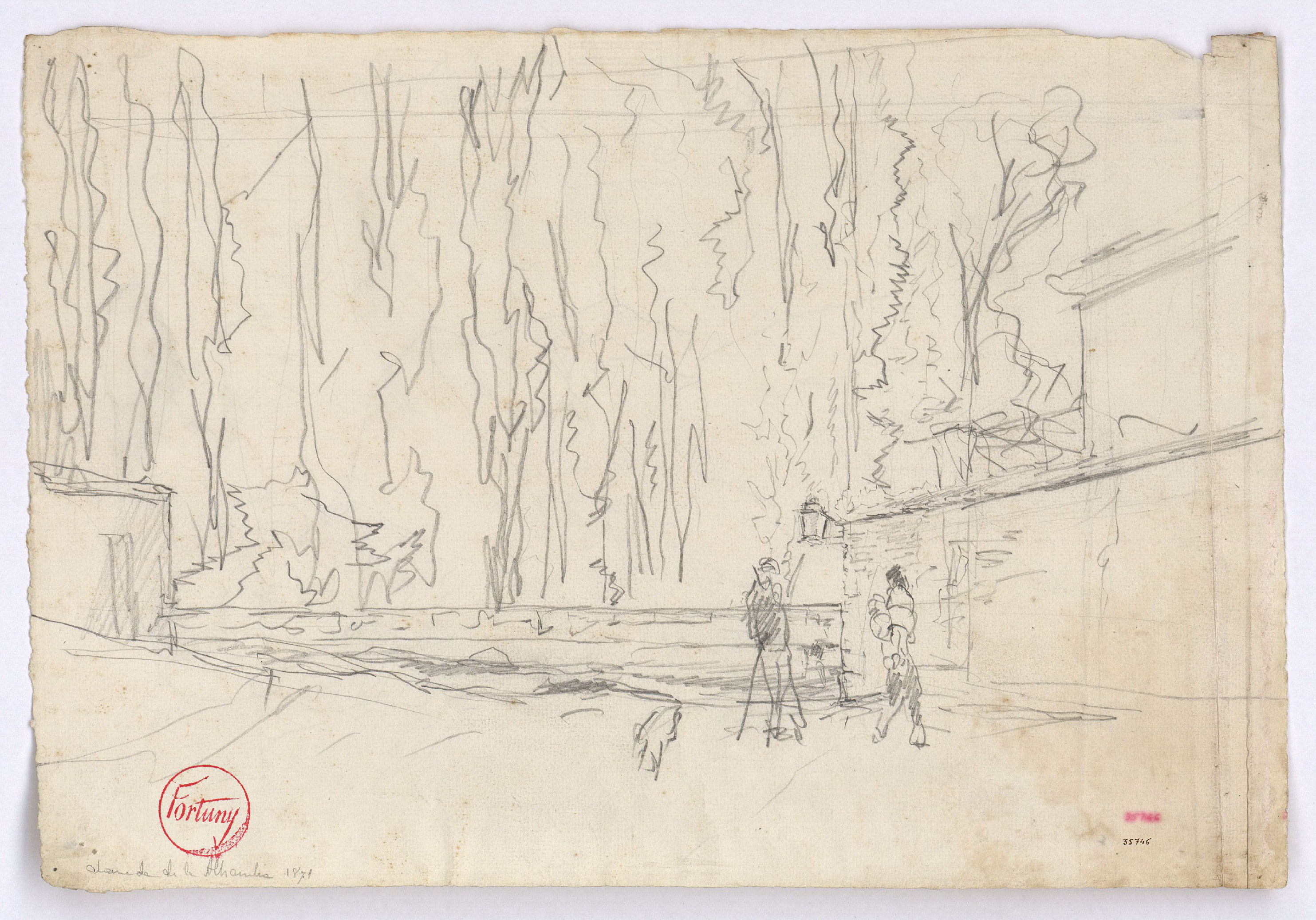 image for: Marià Fortuny - L'Alameda de l'Alhambra de Granada (anvers) / Esbós de figura femenina (revers) - Cap a 1870-1872