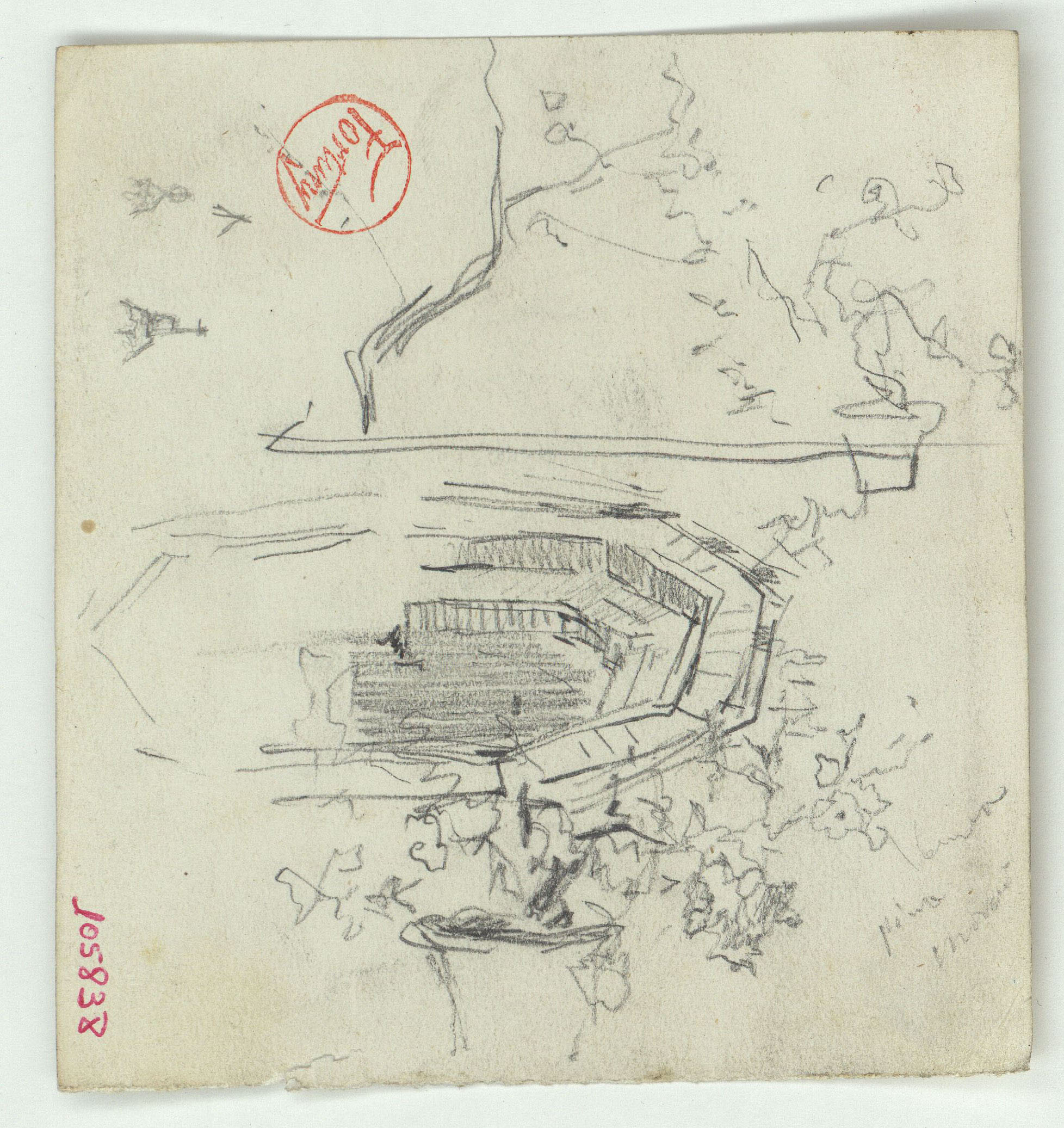 image for: Marià Fortuny - Esbós d'un brollador i testos amb plantes (anvers) / Pom d'espasa (revers) - Cap a 1870-1872