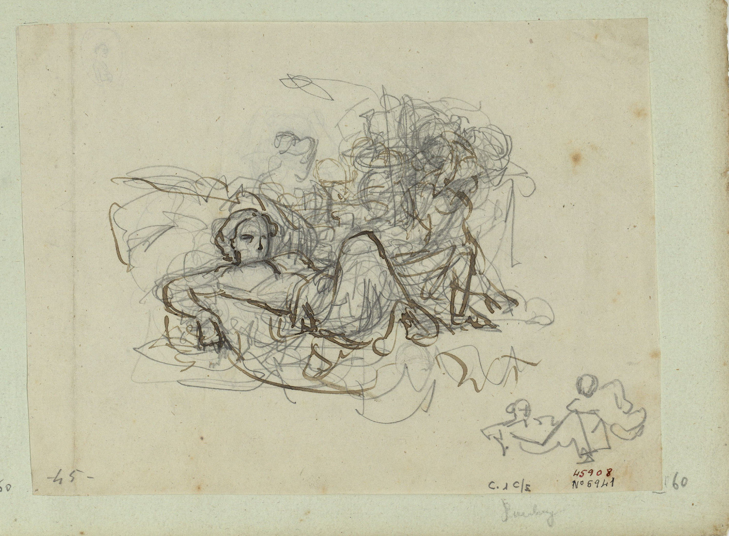 image for: Marià Fortuny - Croquis de figura femenina ajaguda - Cap a 1856-1858