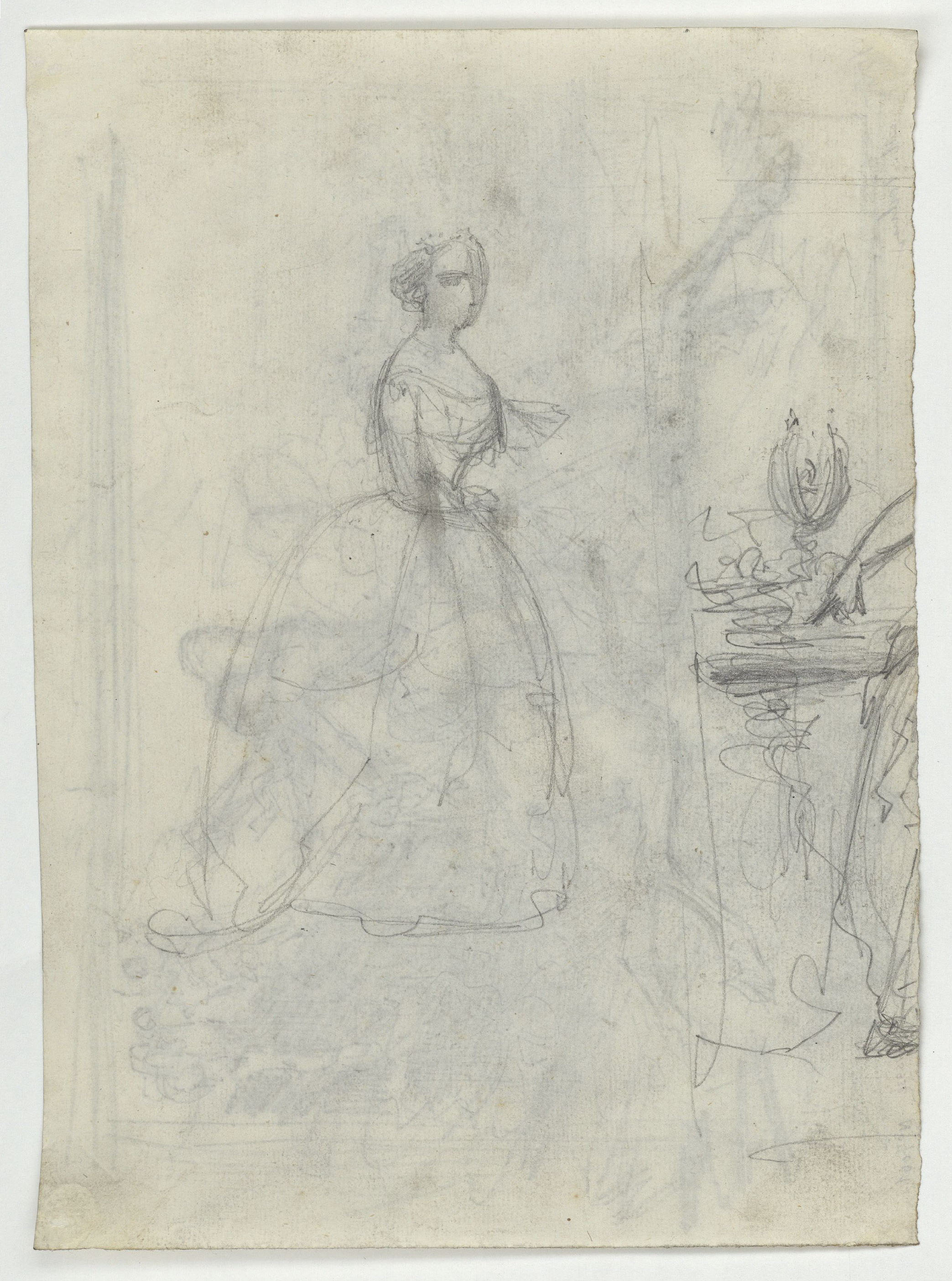 image for: Marià Fortuny - El suïcidi de Leònia. Il·lustració per a la novel·la «El mendigo hipócrita» d'Alexandre Dumas (fill) (anvers) / Dama davant d'un tocador (revers) - Cap a 1856-1857 [1]