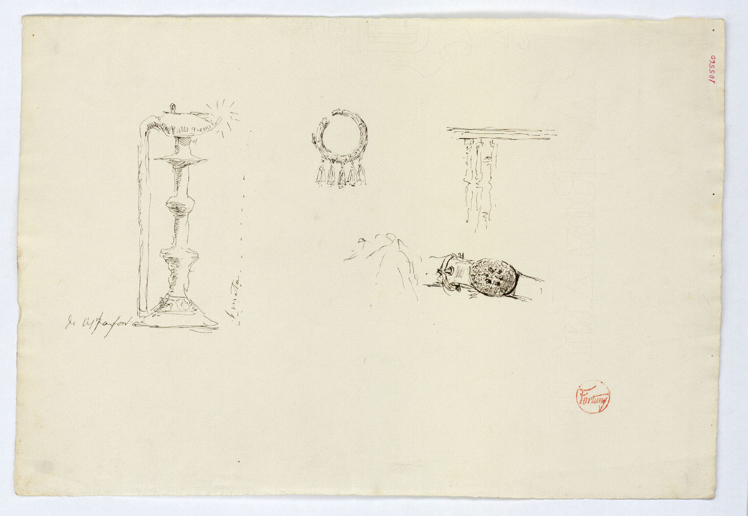 image for: Marià Fortuny - Llàntia d'estil musulmà, arracada, sivella i croquis inconcret - Cap a 1870-1872