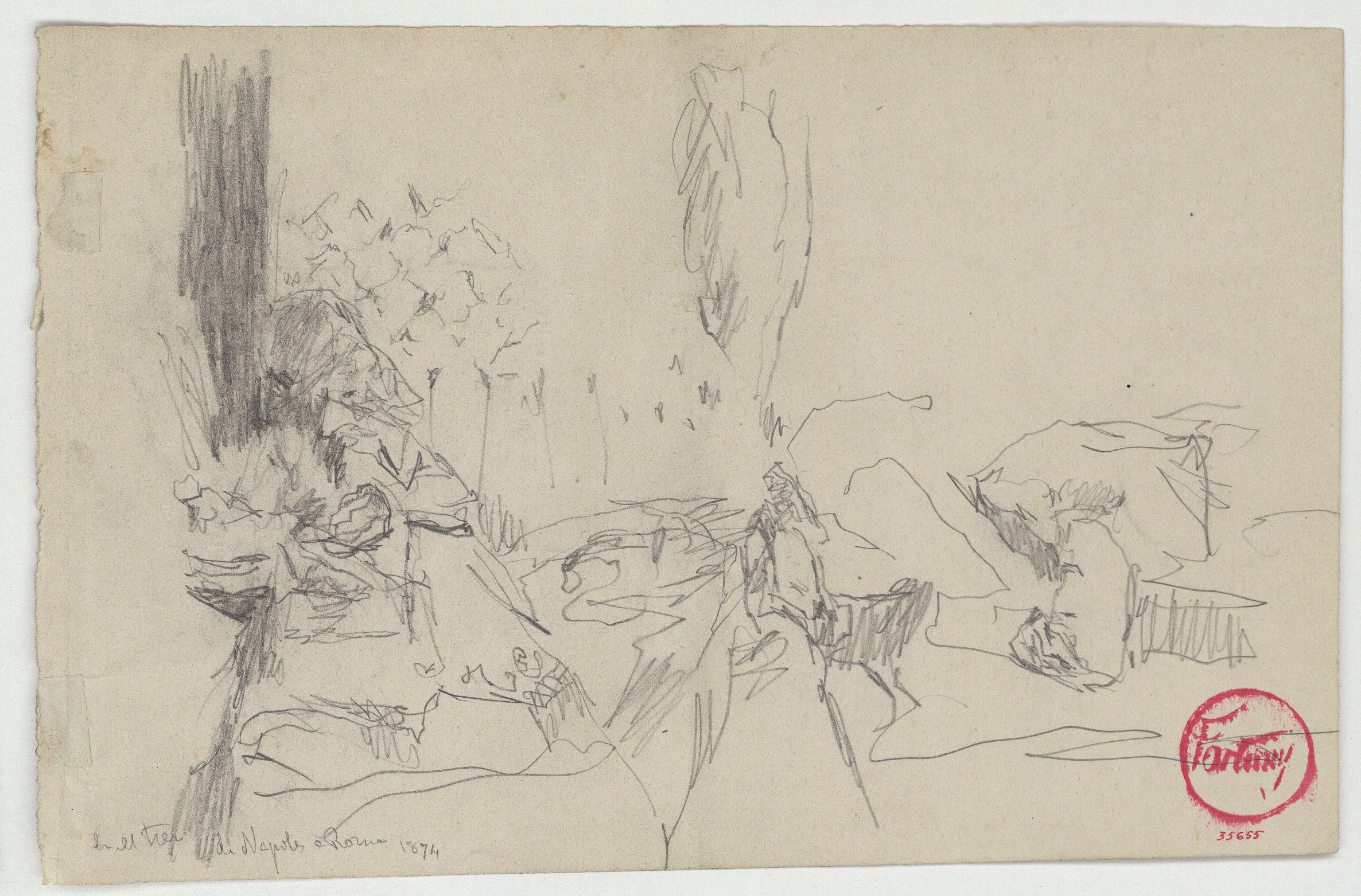 image for: Marià Fortuny - En el tren de Nápoles a Roma (anvers) / Croquis inconcret (revers) - 1874