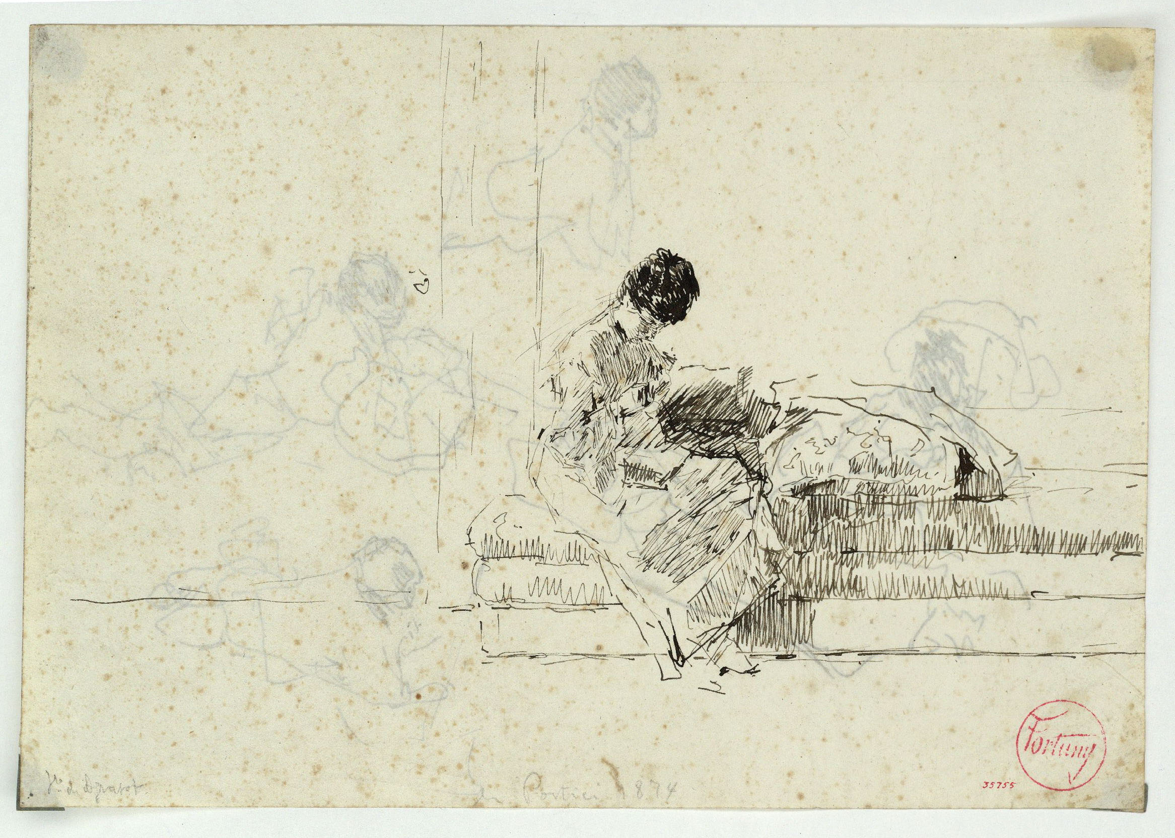 image for: Marià Fortuny - Emma Zaragoza, dona d'Agrassot, asseguda en un divan (anvers) / Estudi per al quadre «Platja de Portici» (revers) - 1874