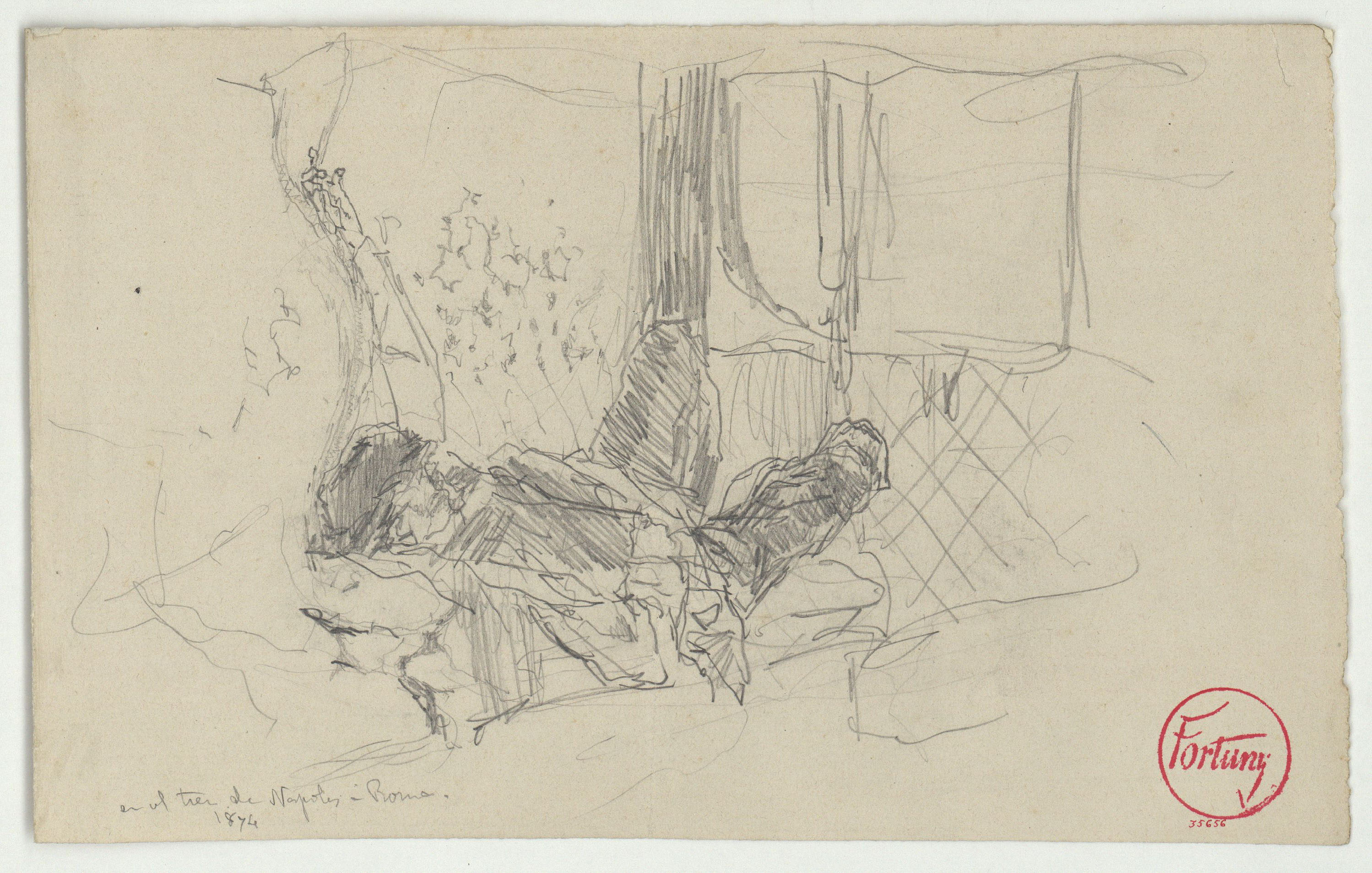 image for: Marià Fortuny - En el tren de Nápoles a Roma (anvers) / Esbós d'home ajagut (revers) - 1874