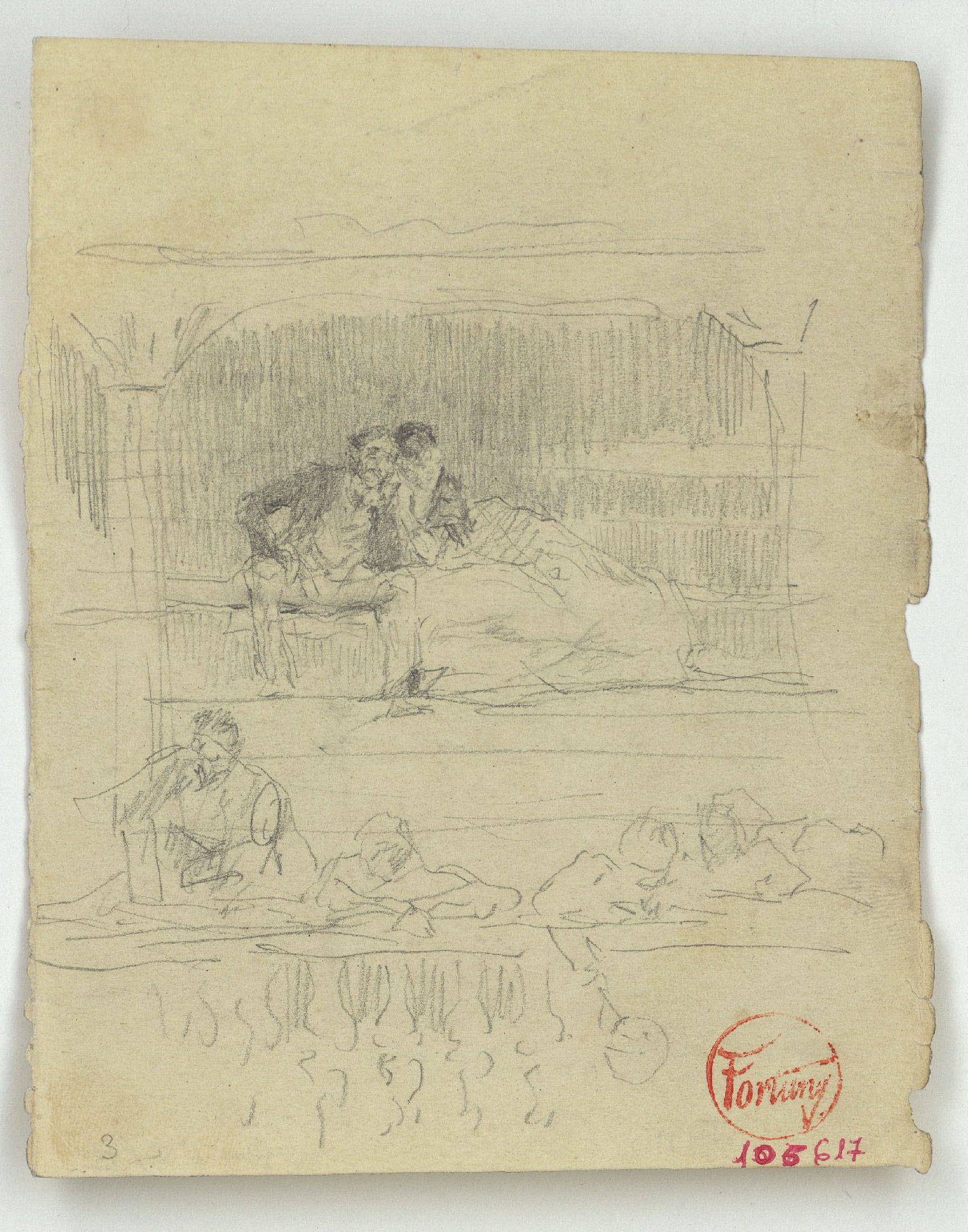 image for: Marià Fortuny - Parella asseguda i figures en una llotja (anvers) / Esbós d'altar (revers) - Cap a 1863-1867