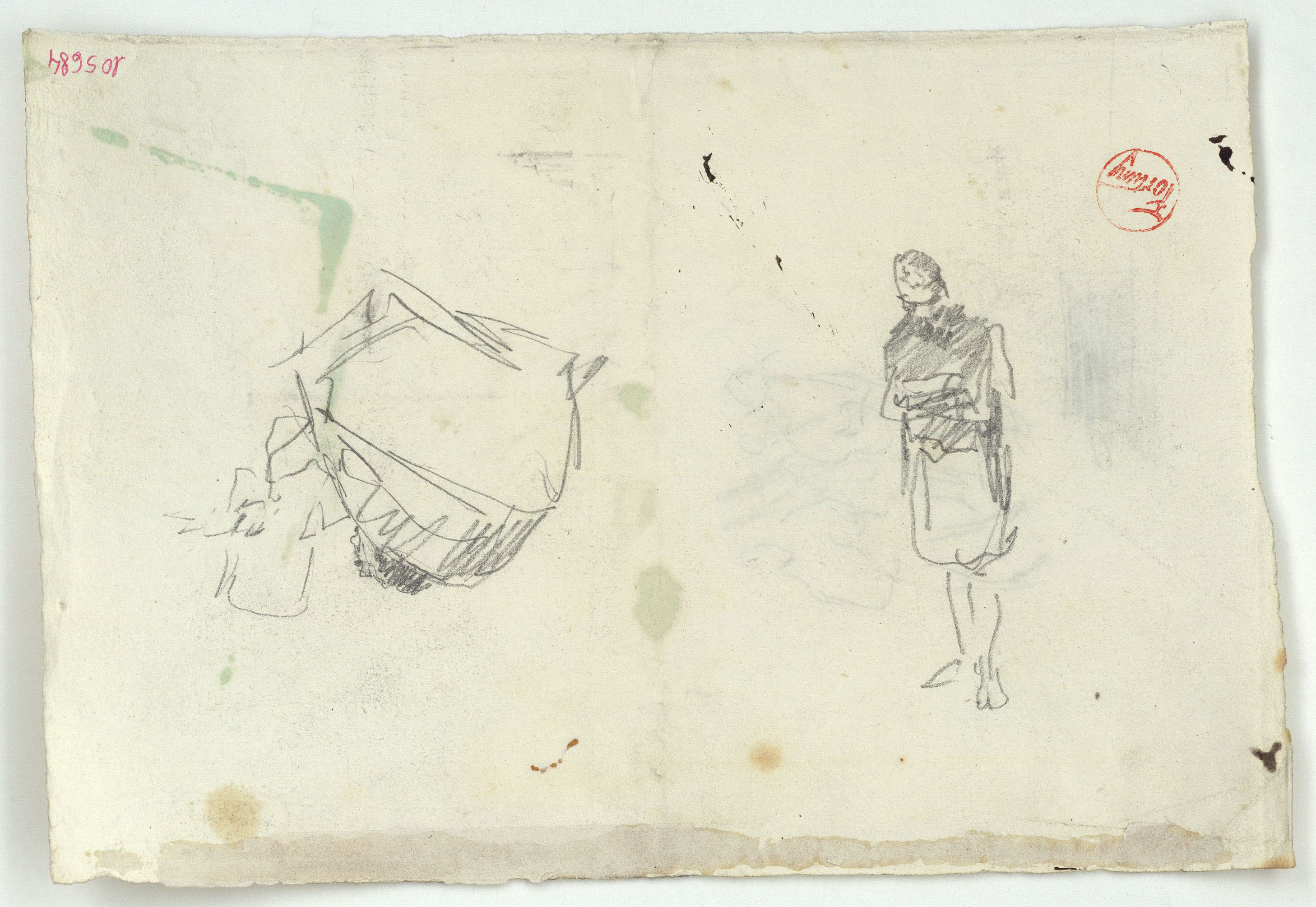 image for: Marià Fortuny - Figura i coverol (anvers) / Croquis de guitarristes (revers) - Cap a 1867-1872