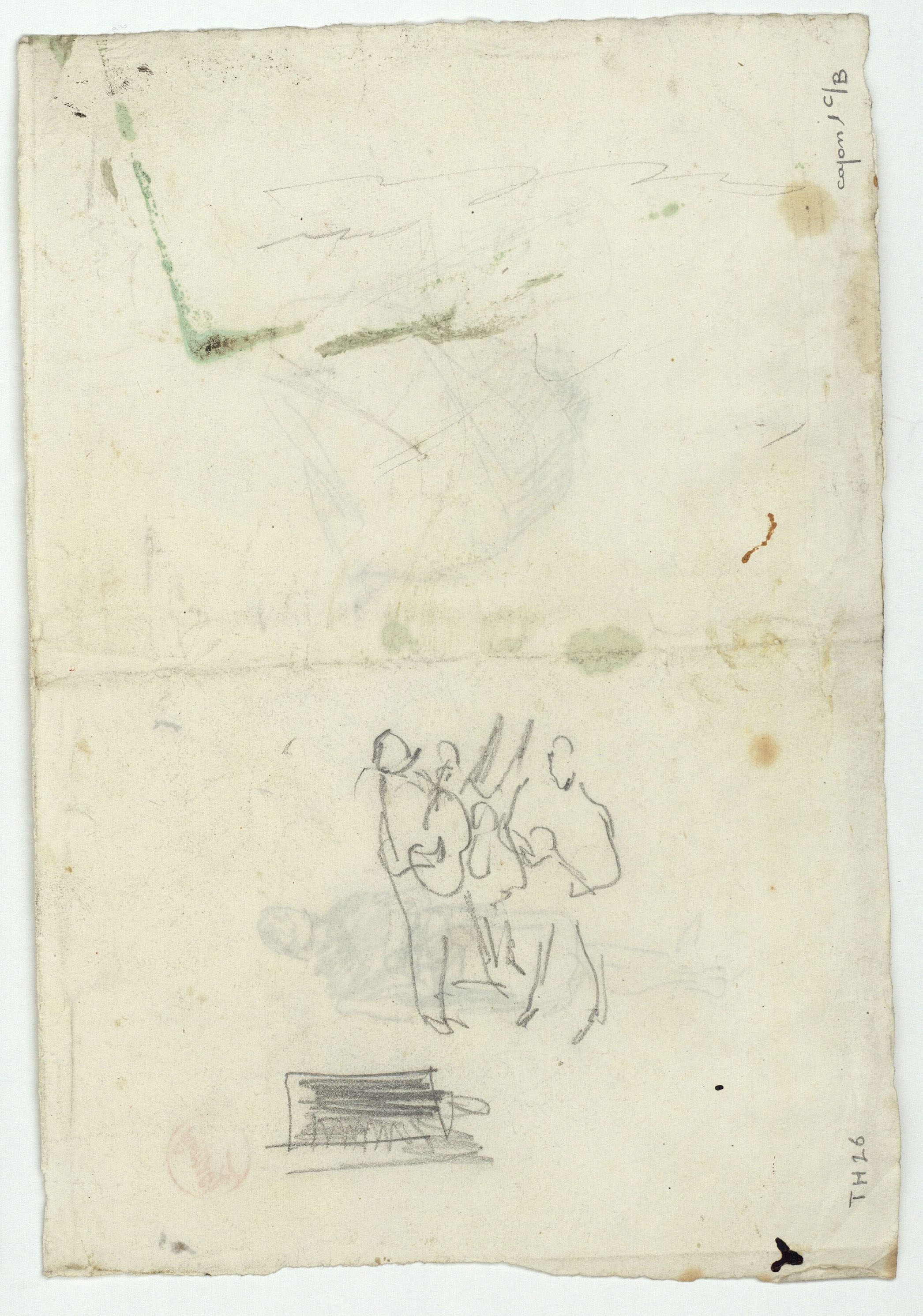 image for: Marià Fortuny - Figura i coverol (anvers) / Croquis de guitarristes (revers) - Cap a 1867-1872 [1]