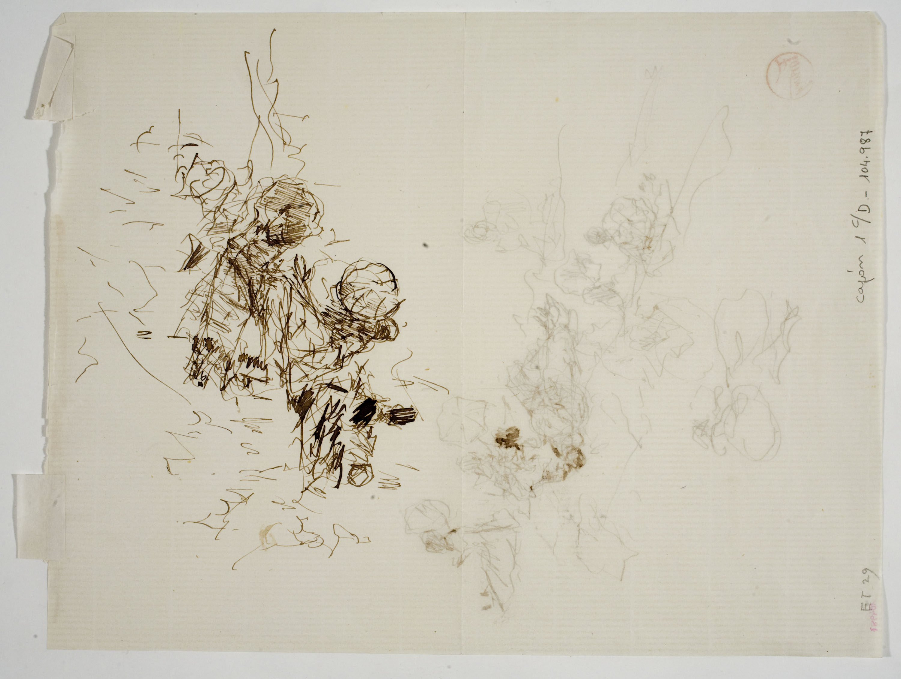 image for: Marià Fortuny - Estudi per al quadre «Platja de Portici» (anvers) / Croquis inconcret (revers) - Cap a 1874 [1]