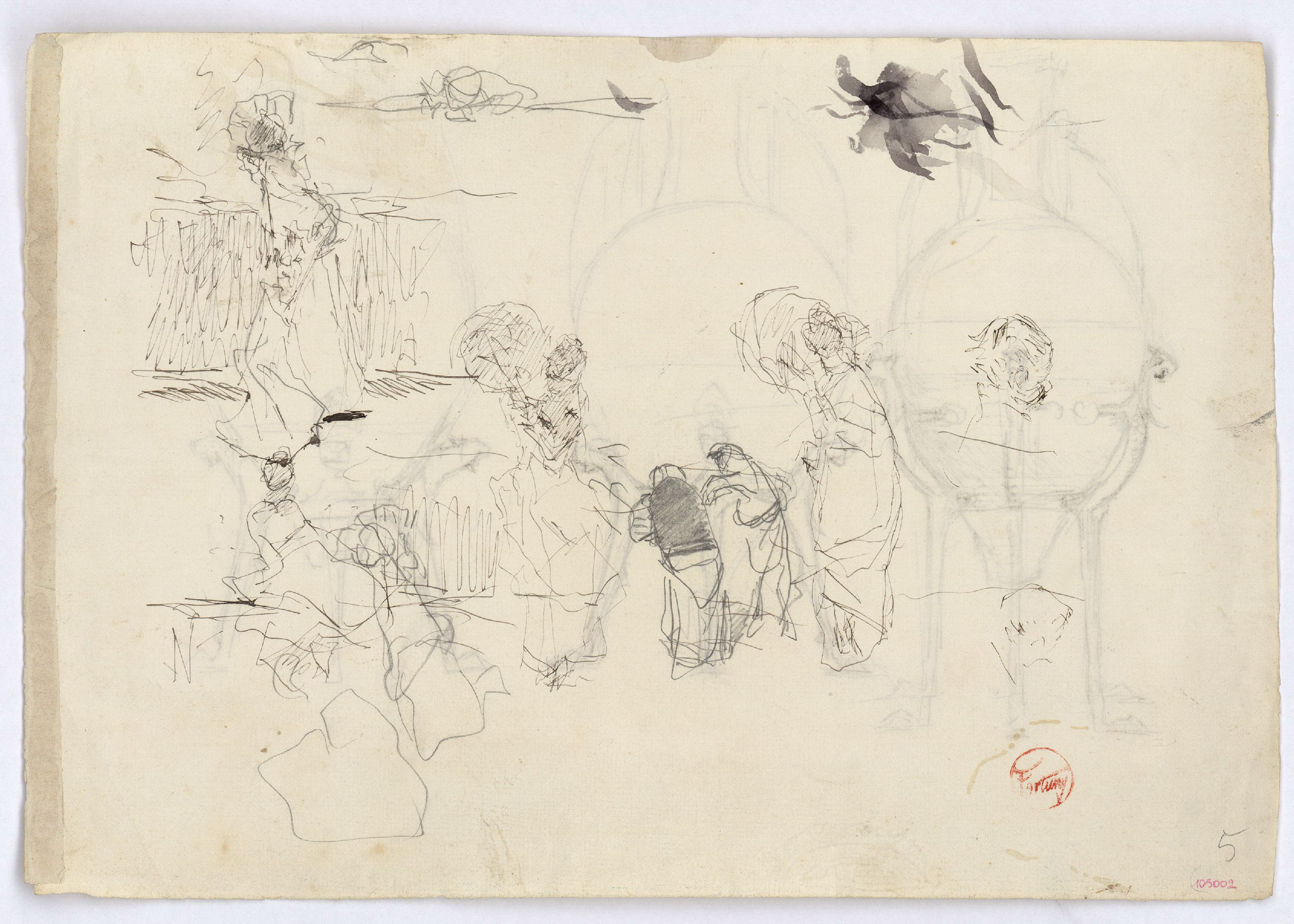 image for: Marià Fortuny - Esbós de figures (anvers) / Vasos d'estil musulmà amb suport  (revers) - Cap a 1870-1874