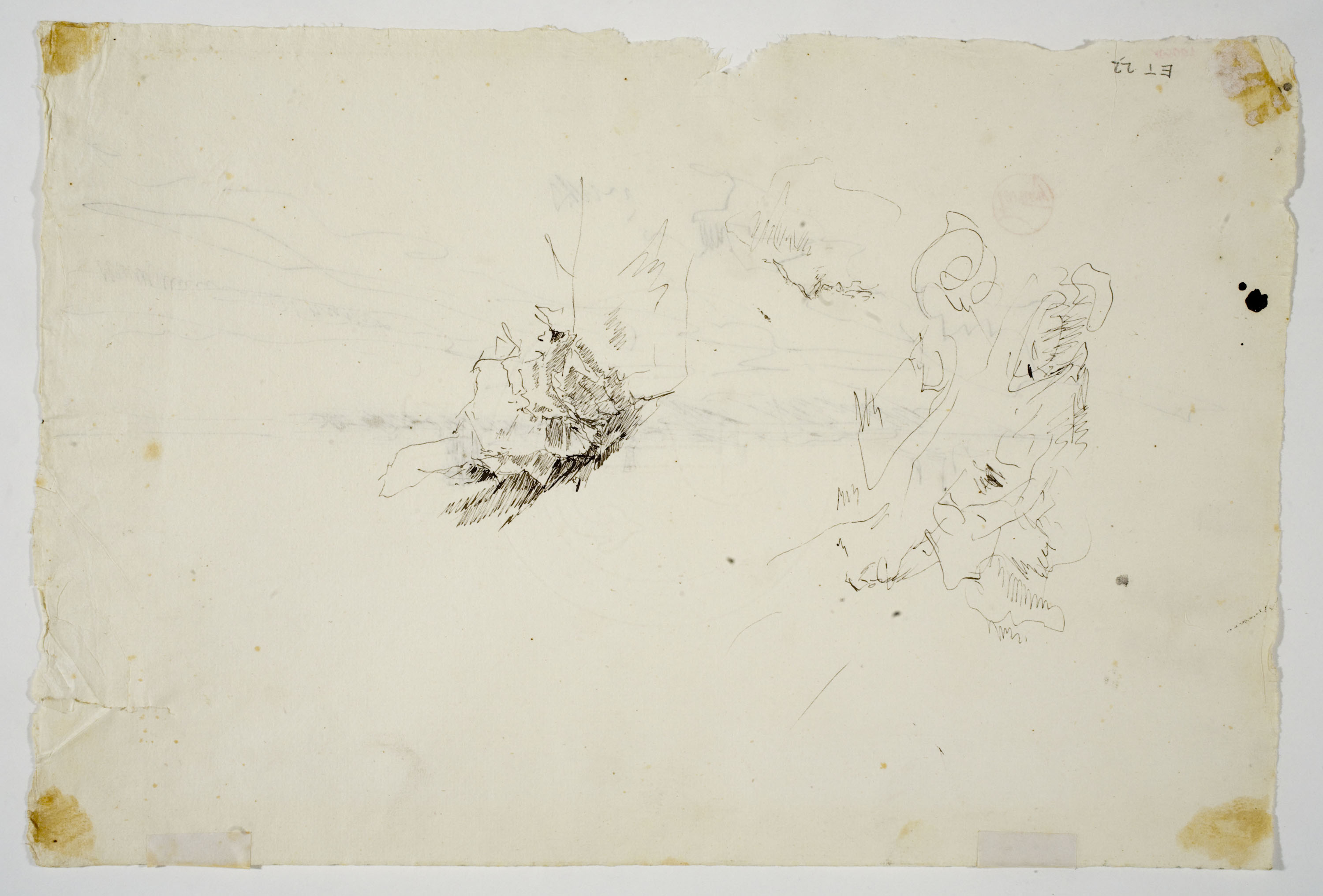 image for: Marià Fortuny - Estudi per al quadre «Platja de Portici» (anvers) / Croquis inconcrets (revers) - Cap a 1874 [1]