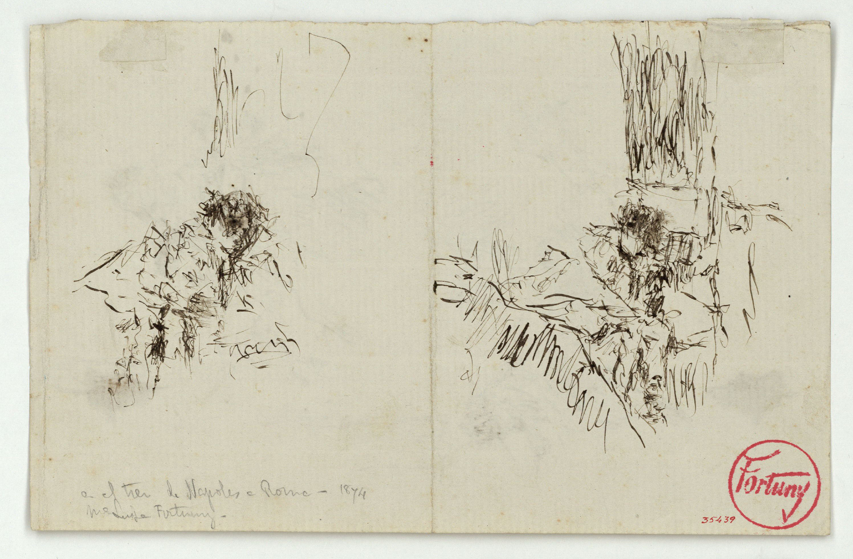 image for: Marià Fortuny - En el tren de Nápoles a Roma (anvers) / Croquis de María Luisa Fortuny, filla de l'artista (revers) - Cap a 1874