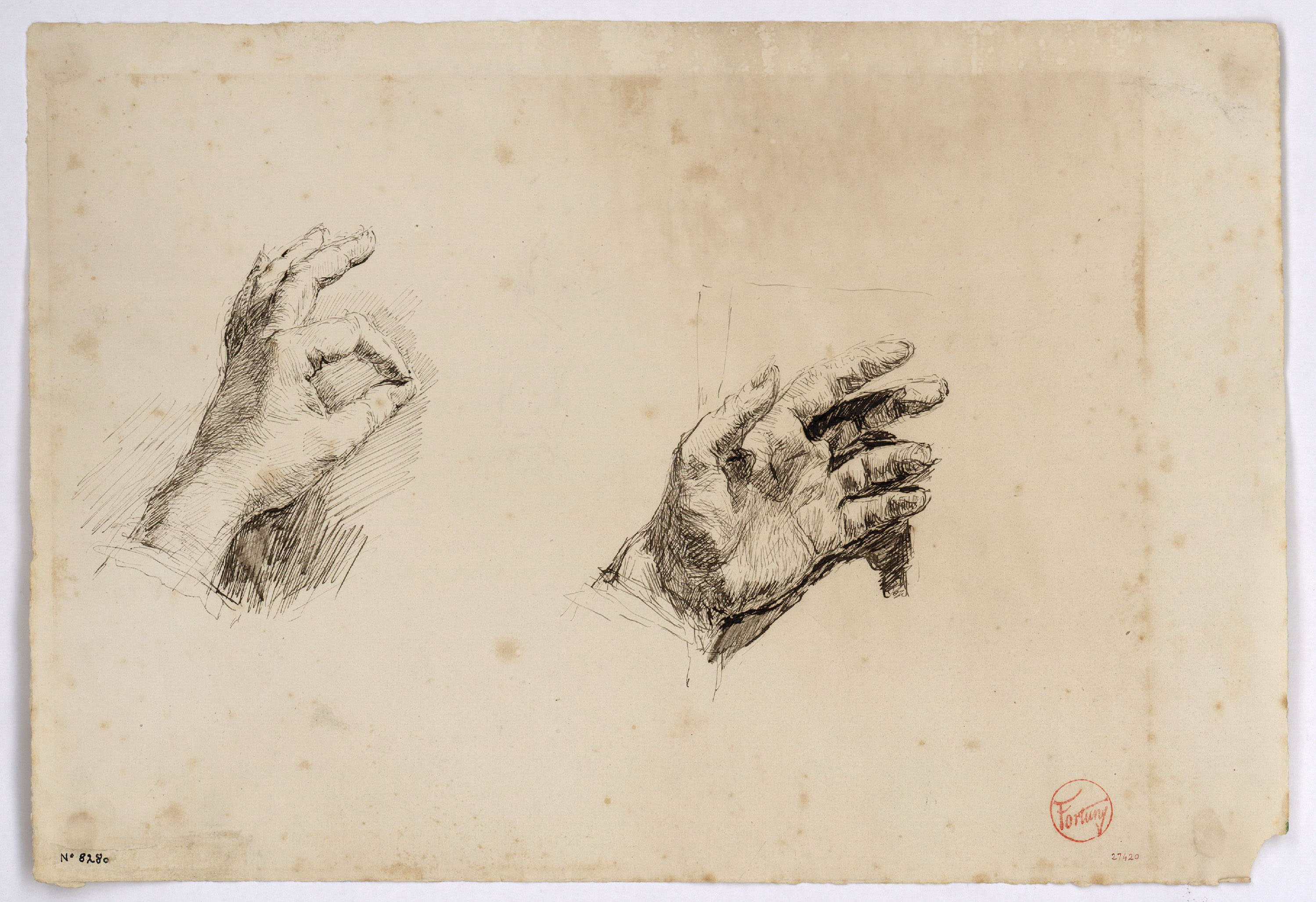 image for: Marià Fortuny - Estudis de la mà esquerra de l'artista (anvers) / Esbós de marroquí (revers) - Cap a 1873