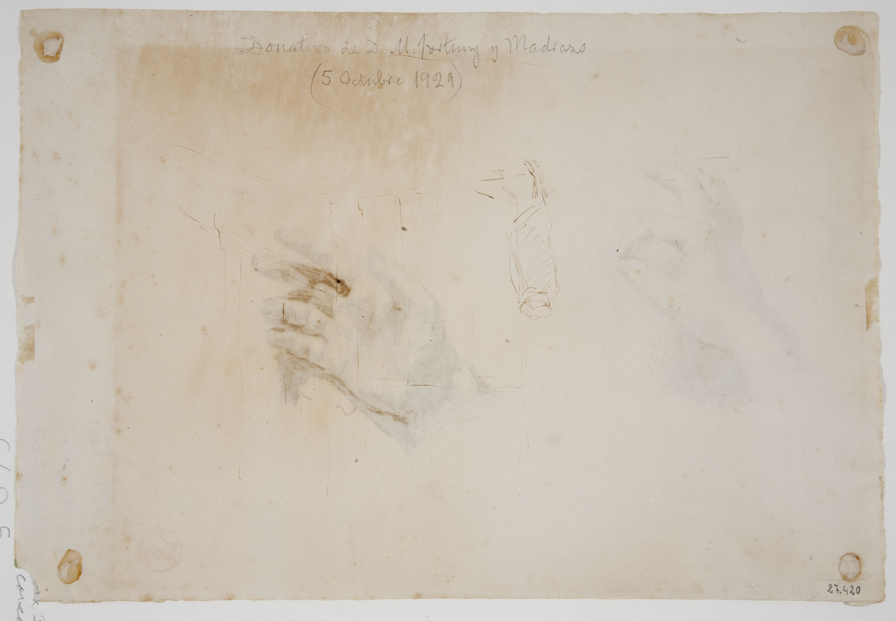 image for: Marià Fortuny - Estudis de la mà esquerra de l'artista (anvers) / Esbós de marroquí (revers) - Cap a 1873 [1]
