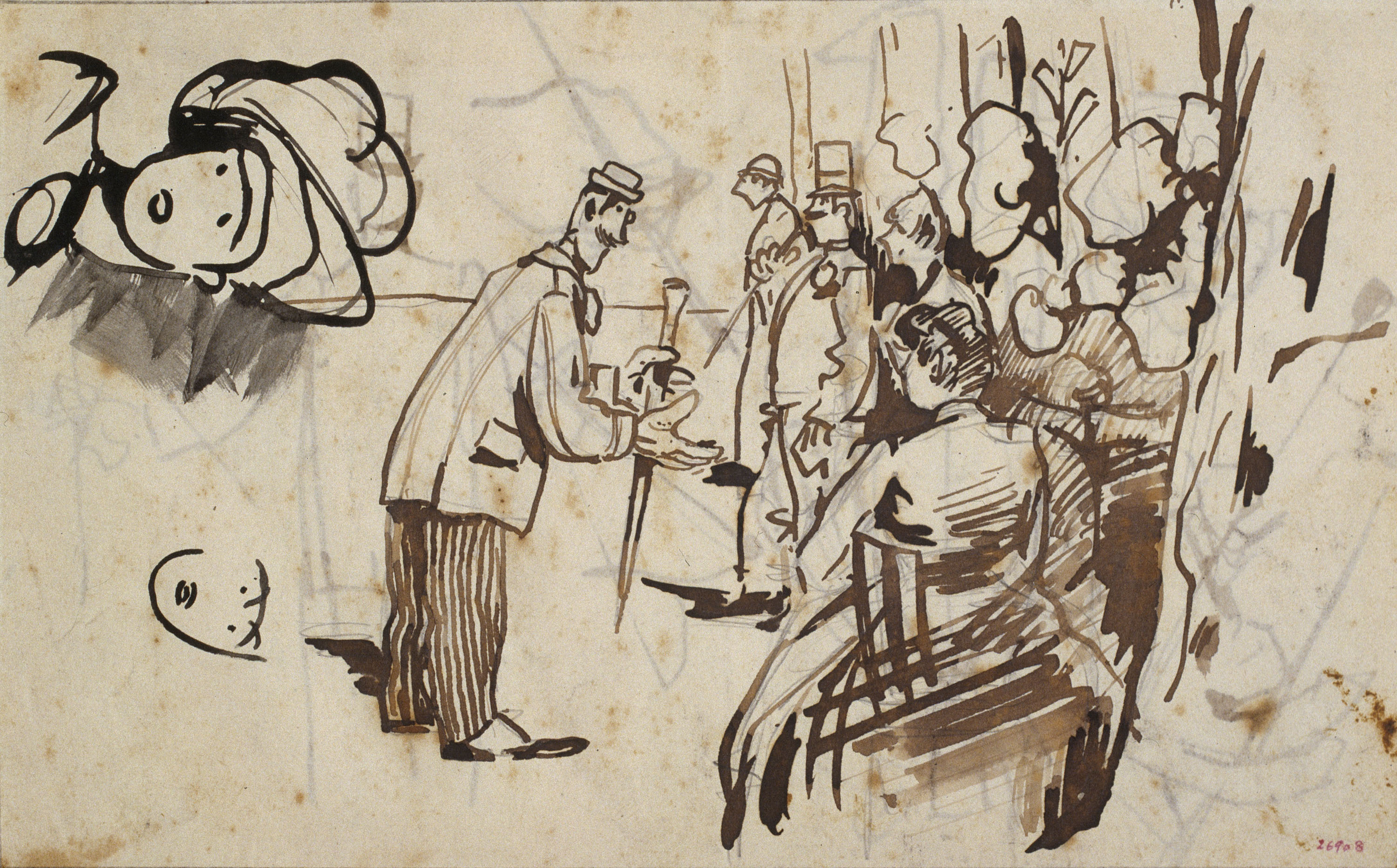 image for: Ramon Casas - Apunt de la Rambla de les Flors i caps (anvers) / Croquis de figures masculines i apunts de mans (revers) - Cap a 1890-1900