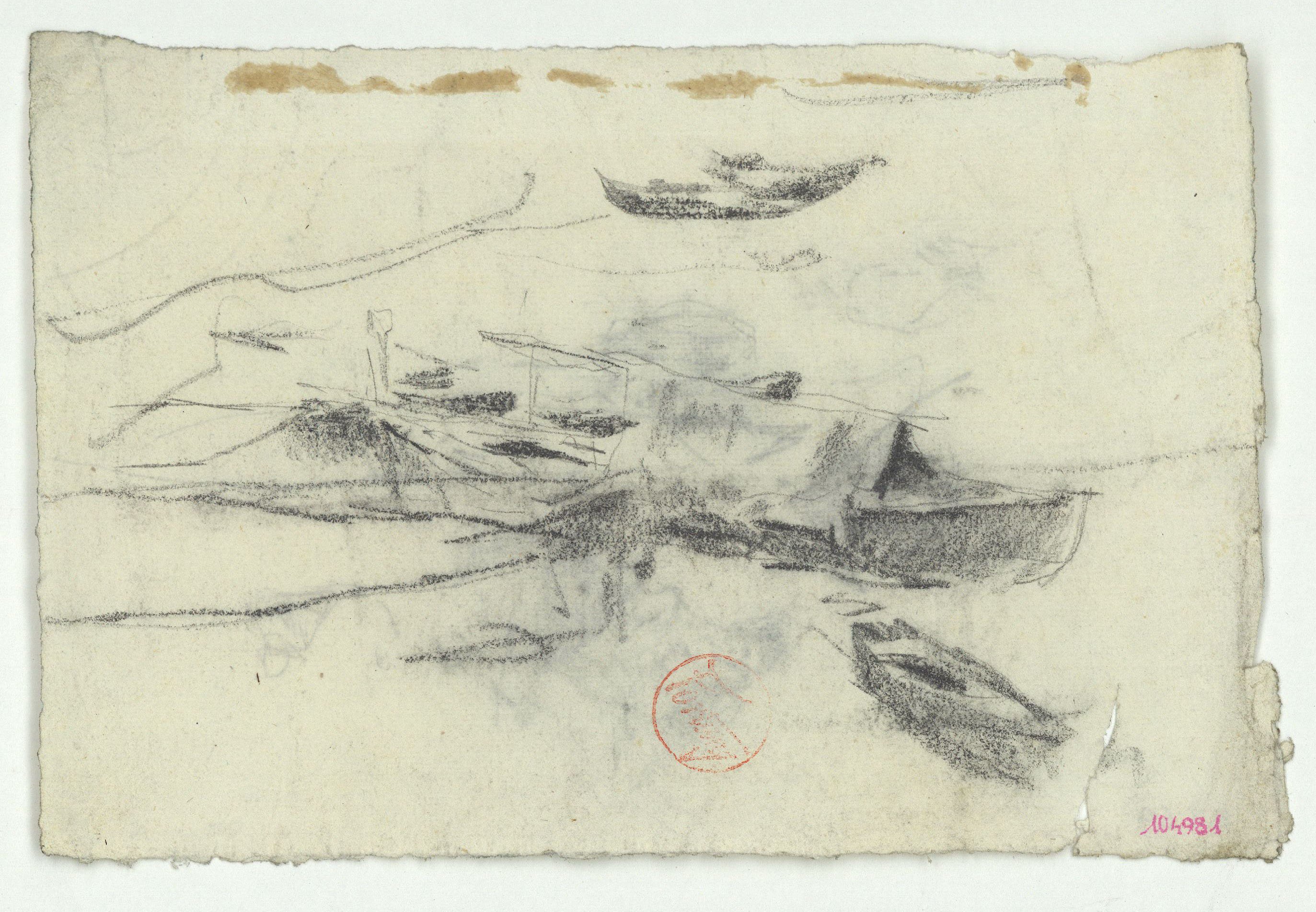 image for: Marià Fortuny - Barques a la platja (anvers) / Croquis inconcret (revers) - Cap a 1874