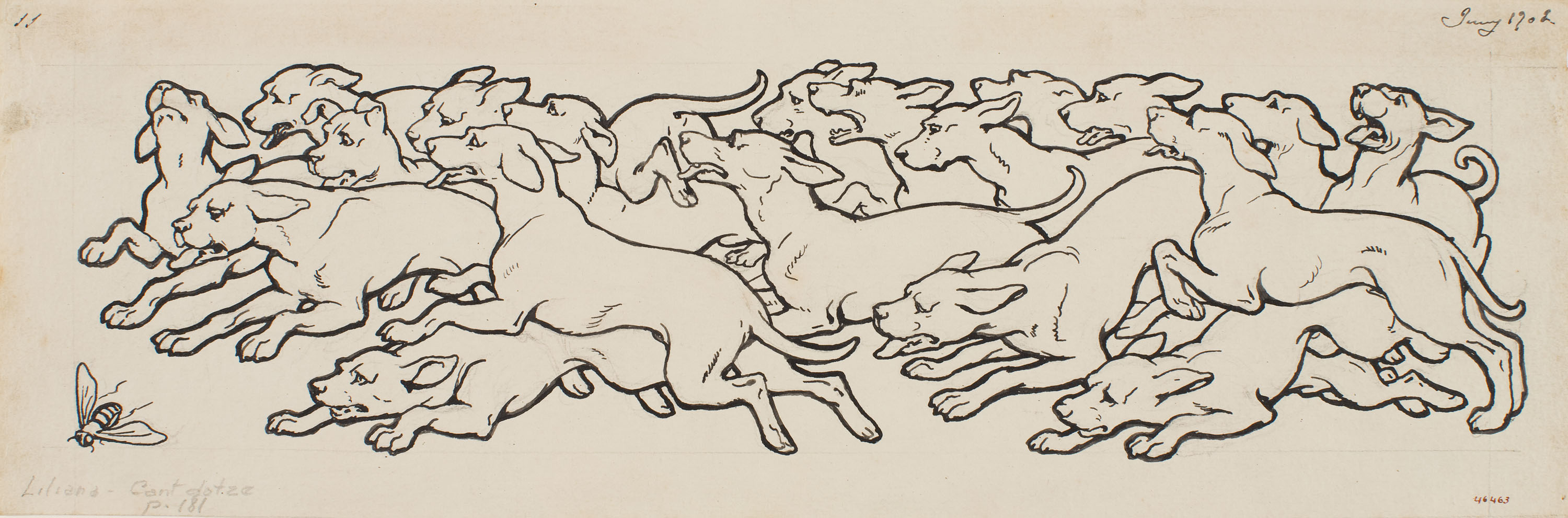 image for: Apel·les Mestres - Gossada empaitant una abella. Capçalera de pàgina per al poema «Liliana» d'Apel·les Mestres - 1902