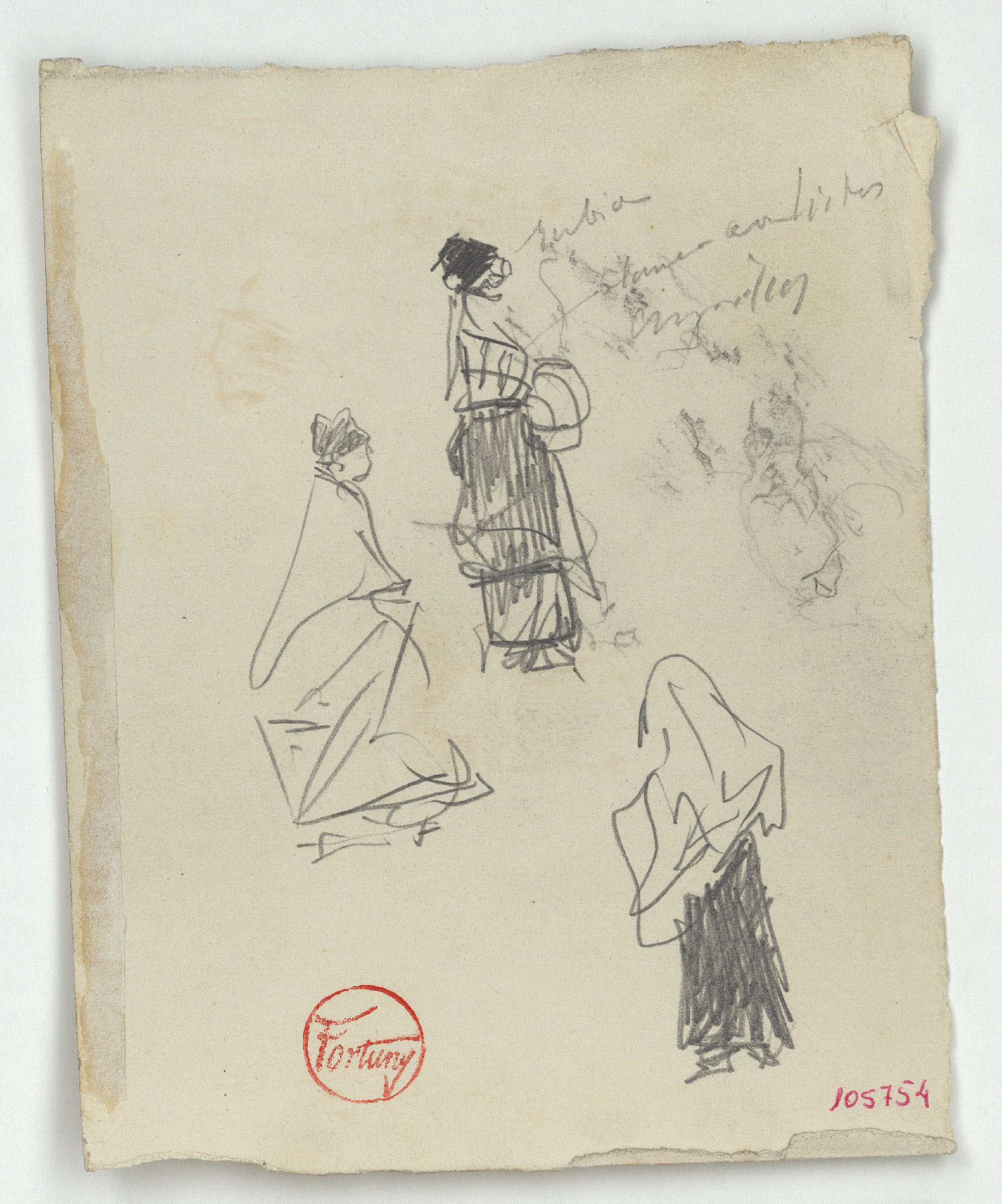 image for: Marià Fortuny - Croquis de figures (anvers) / Genet davant d'un establiment (revers) - Cap a 1871
