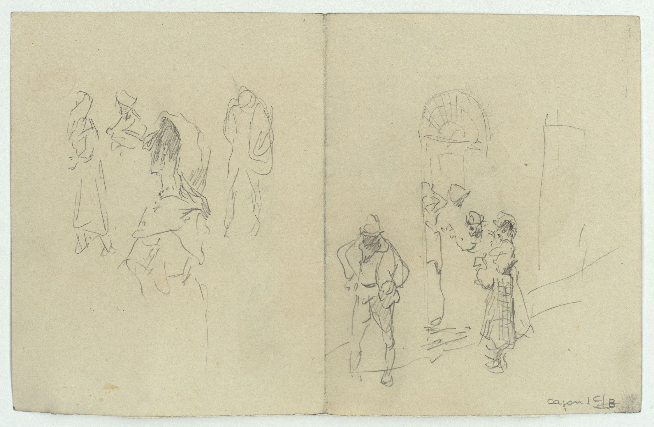 image for: Marià Fortuny - Pidolaires i altres figures masculines (anvers) / Esbós de figures i figures al llindar d'una porta (revers) - Cap a 1863-1866 [1]