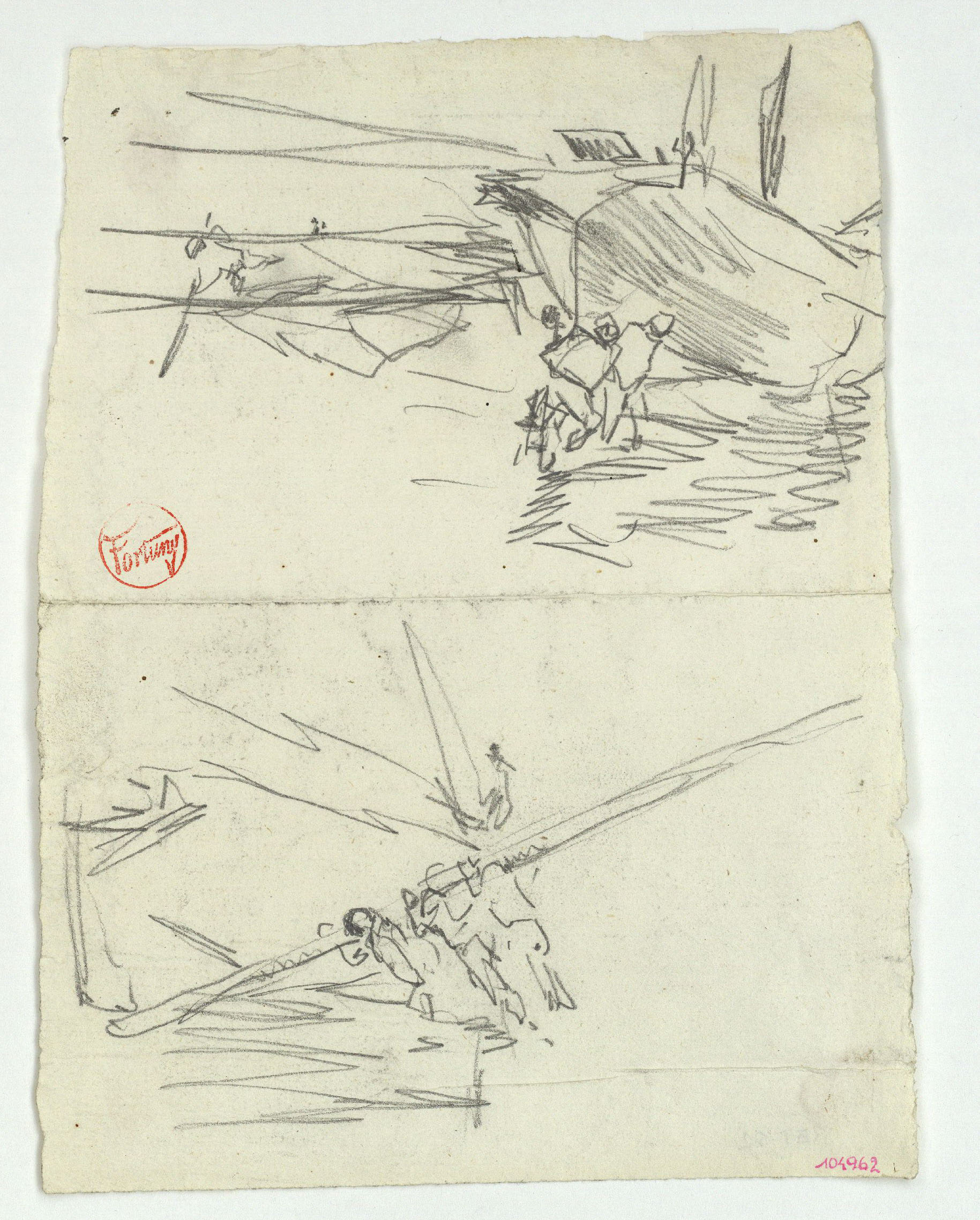 image for: Marià Fortuny - Esbós de barcassa amb figures i figures sostenint un objecte llarg - Cap a 1874