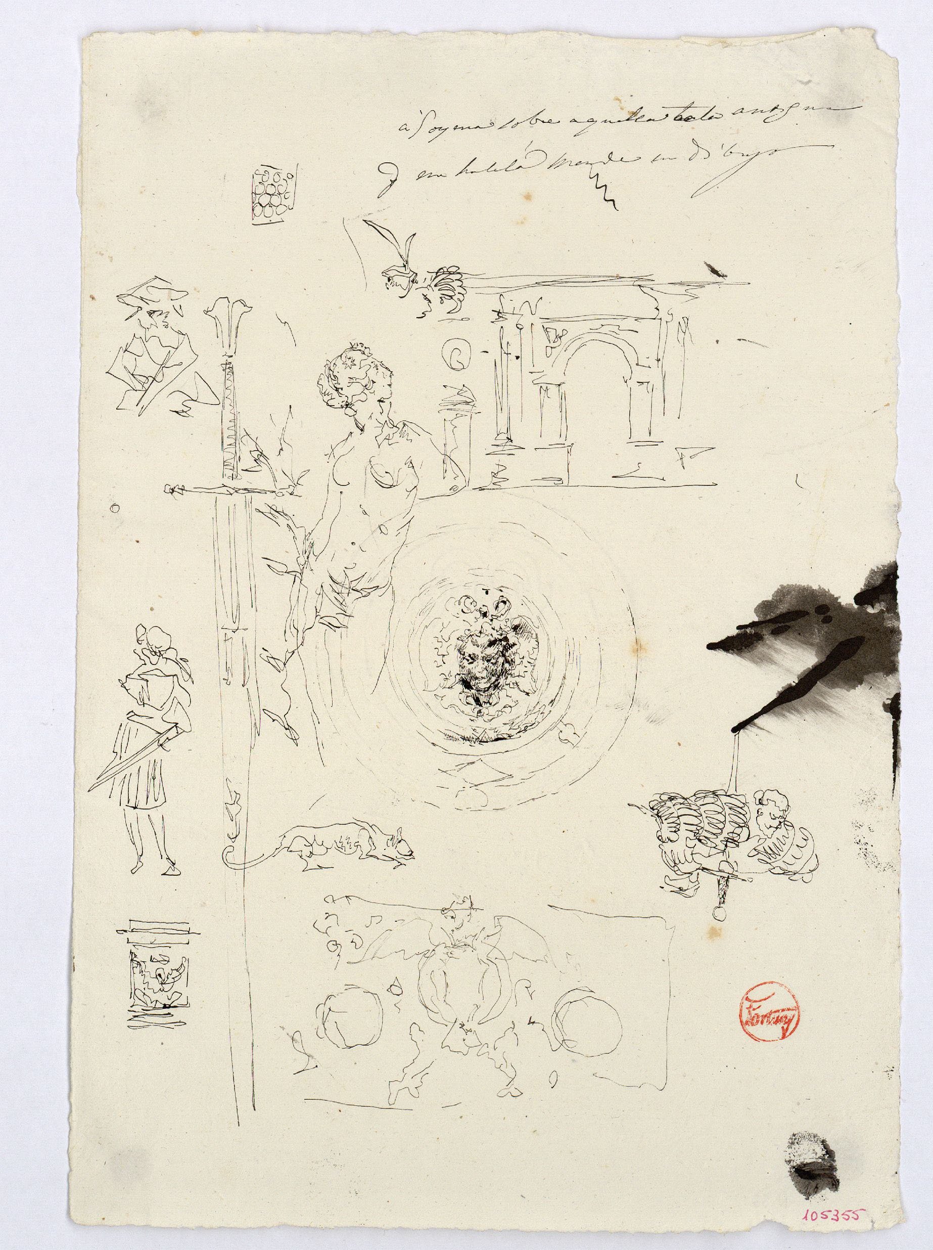 image for: Marià Fortuny - Croquis de figures, detalls arquitectònics, motius ornamentals i espases - Cap a 1870-1872