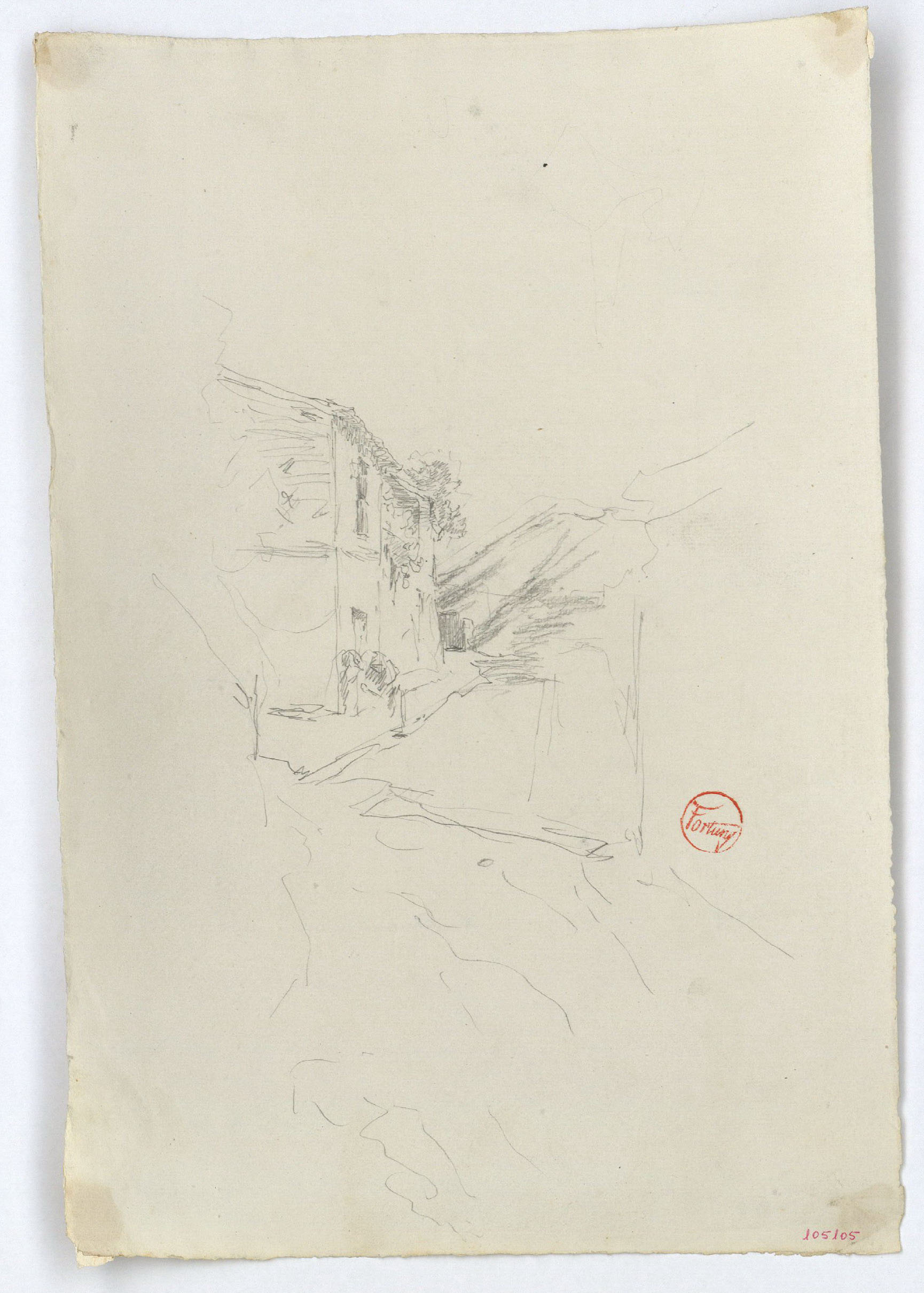 image for: Marià Fortuny - Casa de poble i figures (anvers) / Composició geomètrica (revers) - Cap a 1870-1872