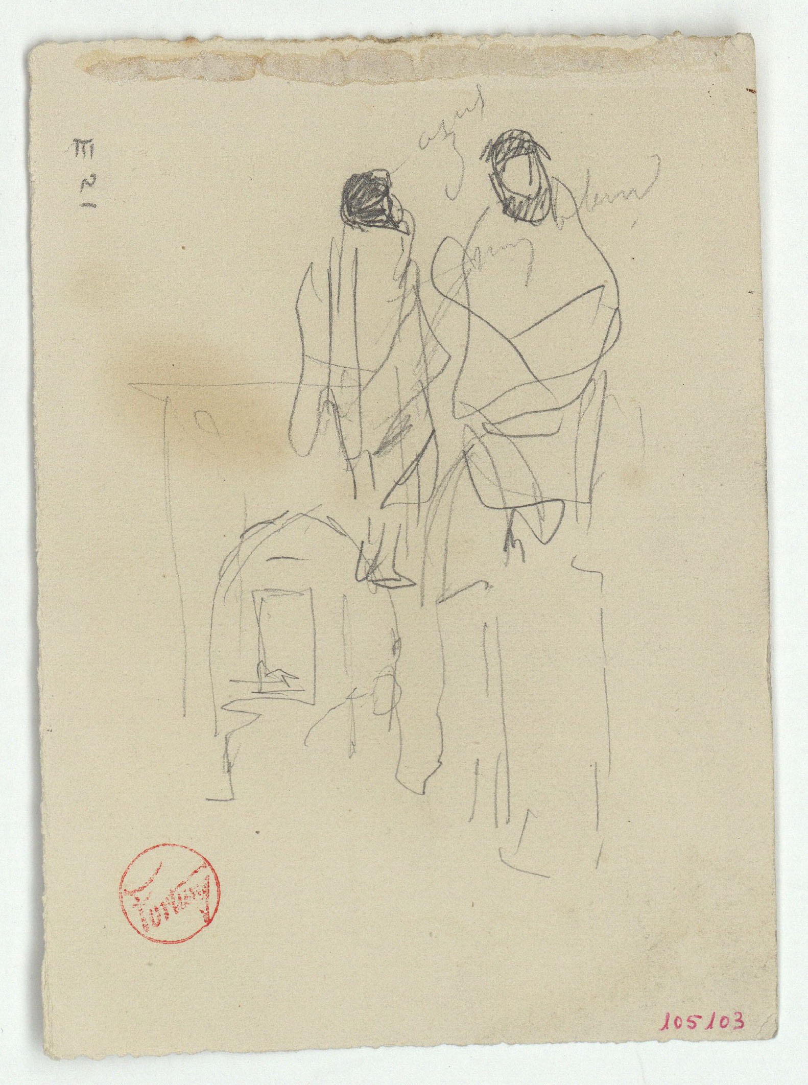 image for: Marià Fortuny - Figures i porxada (anvers) / Croquis de poblat amb figures (revers) - Cap a 1860-1862