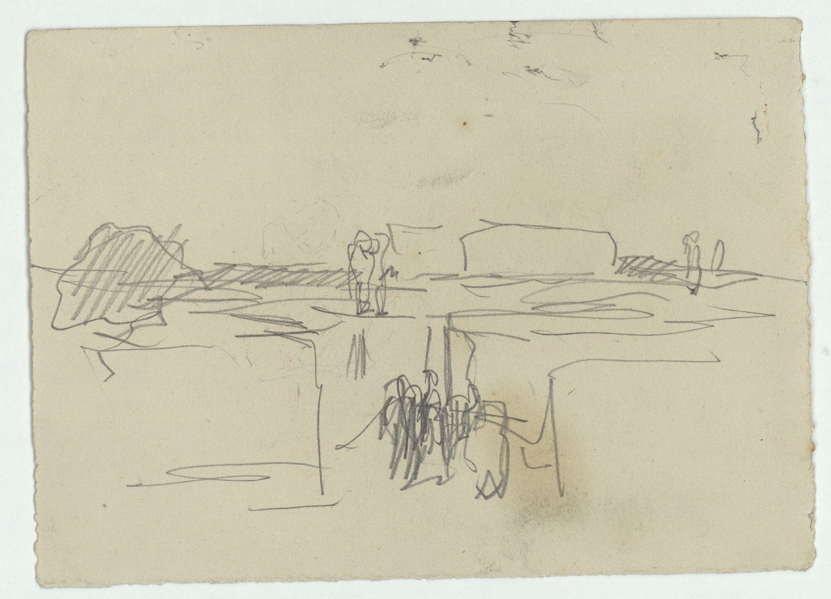 image for: Marià Fortuny - Figures i porxada (anvers) / Croquis de poblat amb figures (revers) - Cap a 1860-1862 [1]