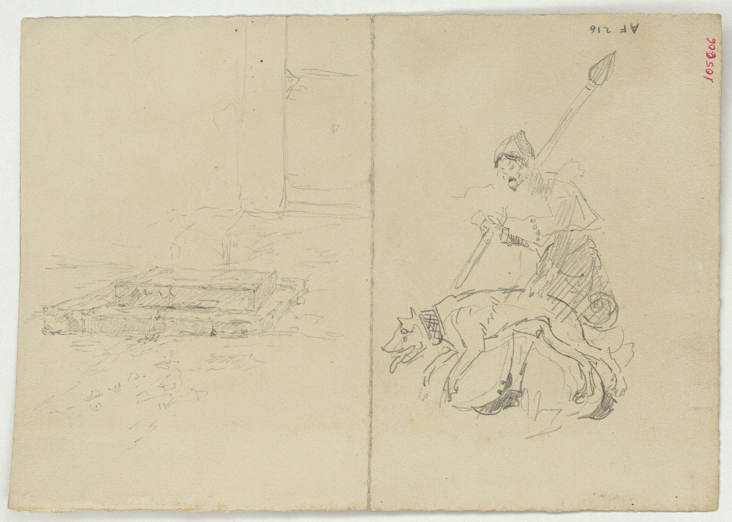 image for: Marià Fortuny - Esglaons d'accés a una casa i figura amb indumentària medieval i gos (anvers) / Còpia de figures d'escenes medievals de la Sala dels Reis de l'Alhambra (revers) - Cap a 1867-1872