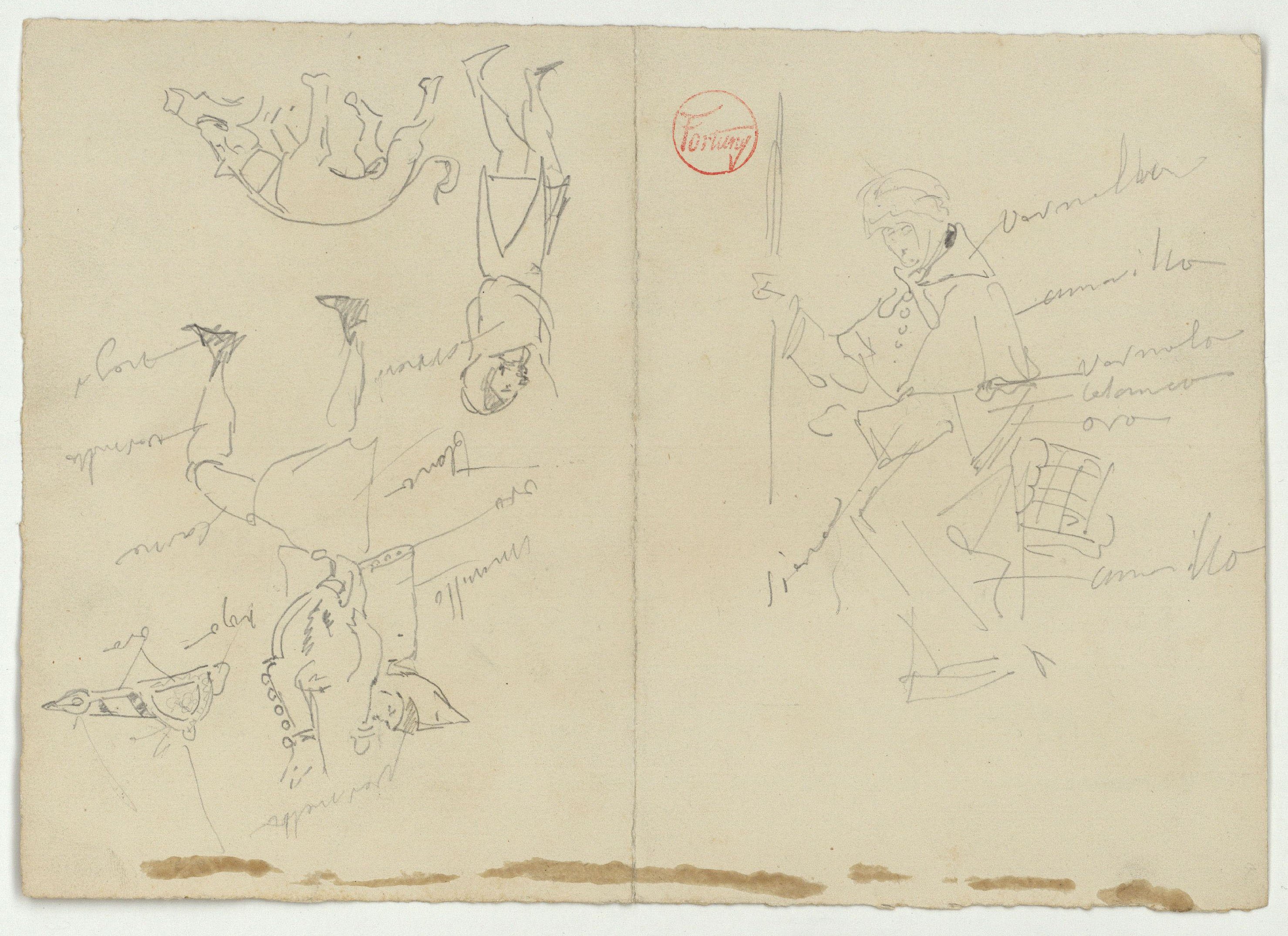 image for: Marià Fortuny - Esglaons d'accés a una casa i figura amb indumentària medieval i gos (anvers) / Còpia de figures d'escenes medievals de la Sala dels Reis de l'Alhambra (revers) - Cap a 1867-1872 [1]
