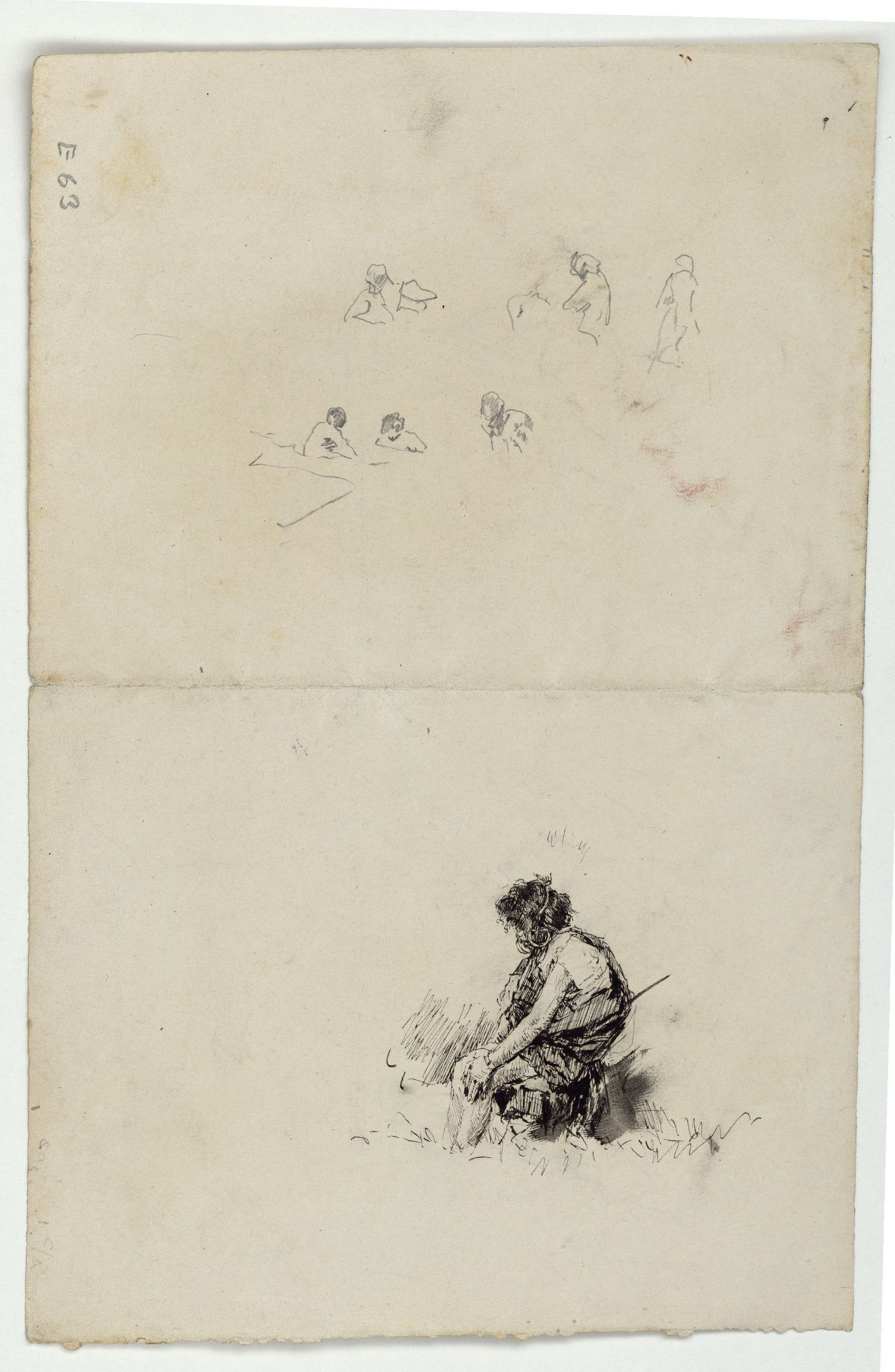 image for: Marià Fortuny - Esbós d'una casa, mur i arbres (anvers) / Croquis de figures i home assegut (revers) - Cap a 1870-1874 [1]