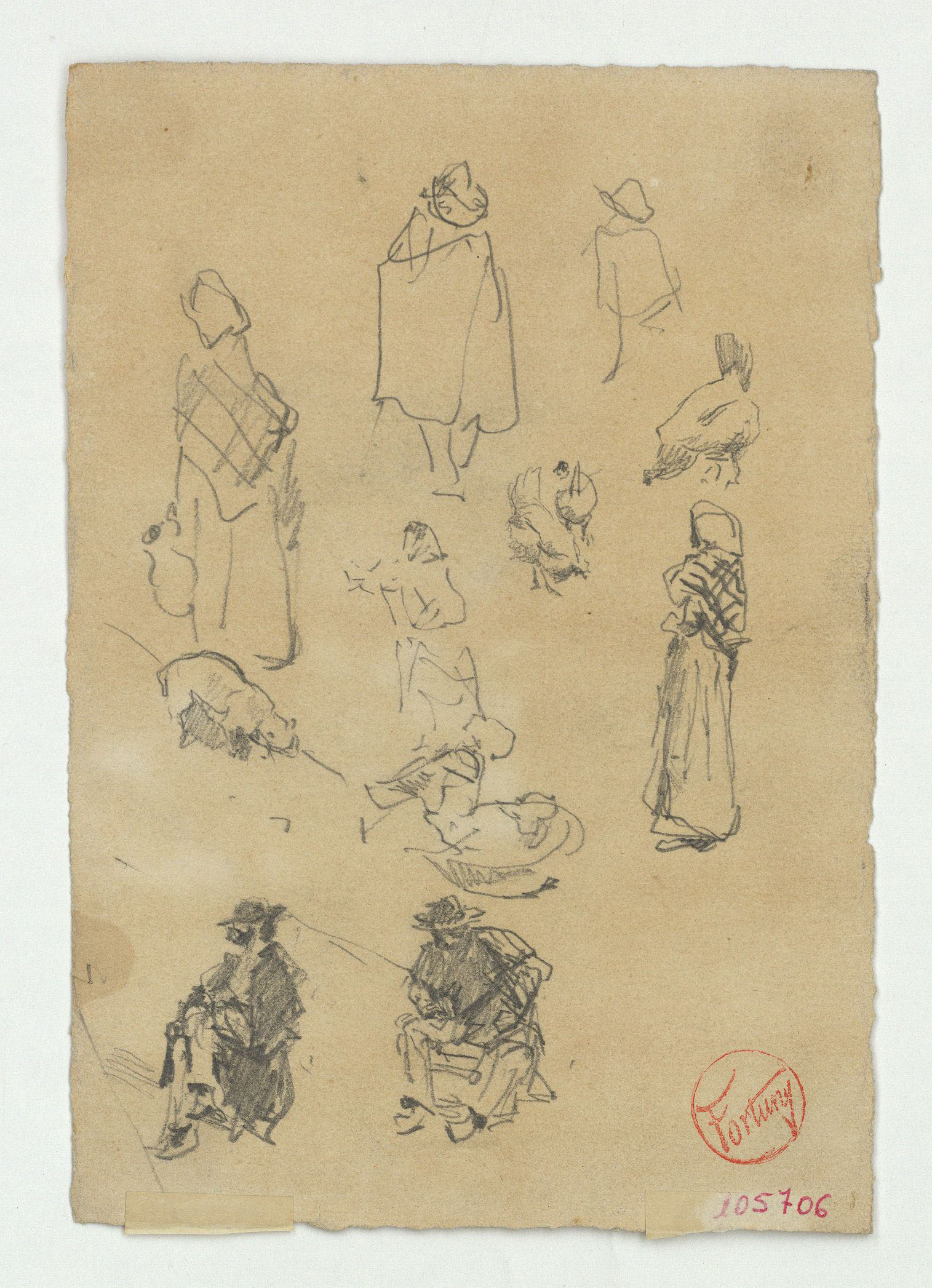 image for: Marià Fortuny - Esbós de figures (anvers) / Tàpia i arbust (revers) - Cap a 1867-1872