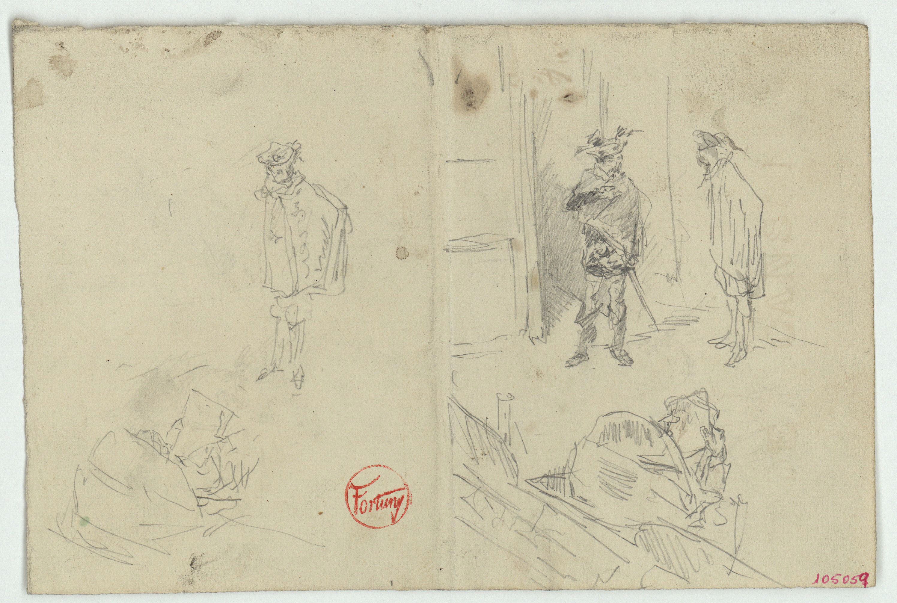 image for: Marià Fortuny - Coverol i actor, i representació teatral (anvers) / Croquis inconcrets i anotacions (revers) - Cap a 1863-1865