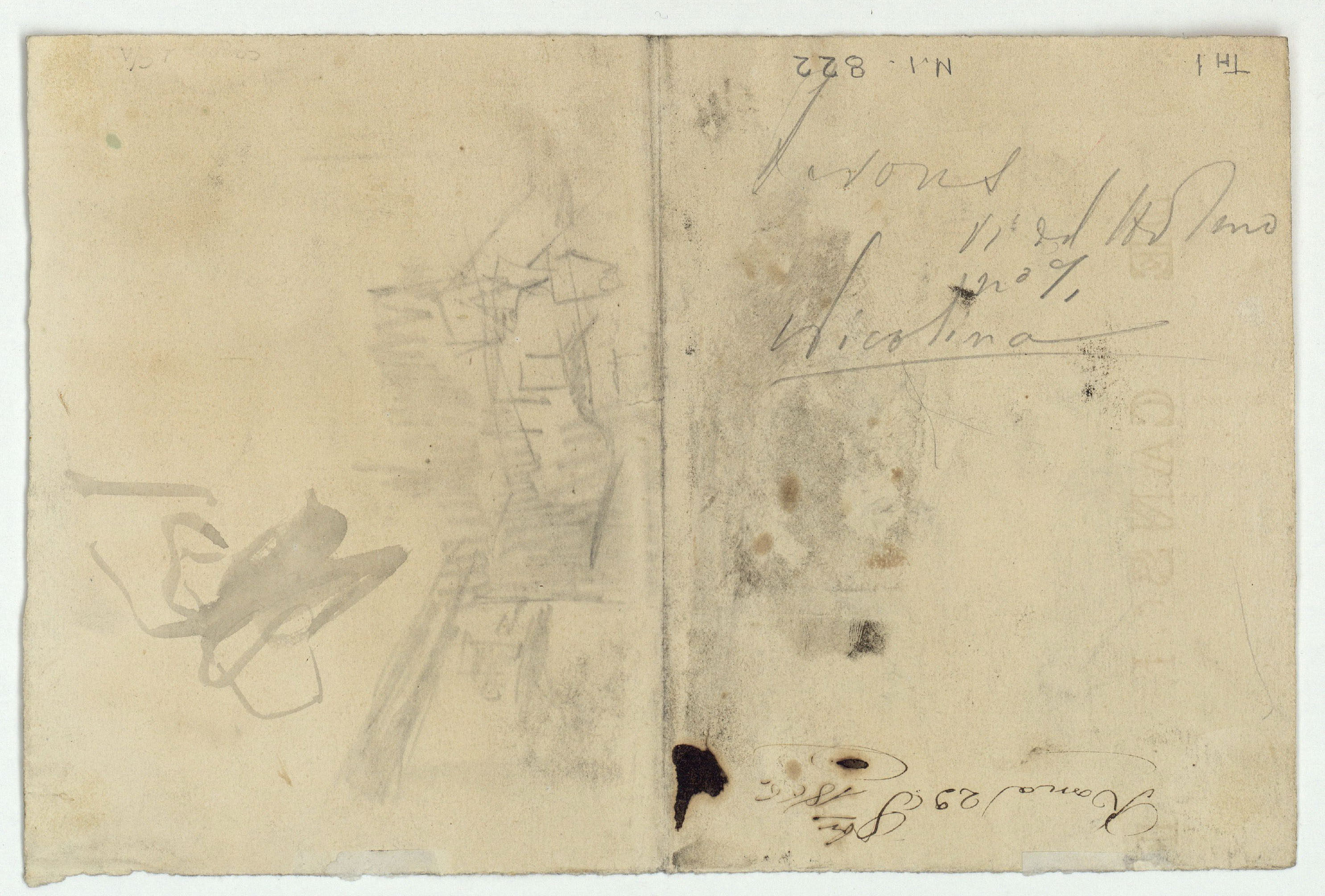 image for: Marià Fortuny - Coverol i actor, i representació teatral (anvers) / Croquis inconcrets i anotacions (revers) - Cap a 1863-1865 [1]