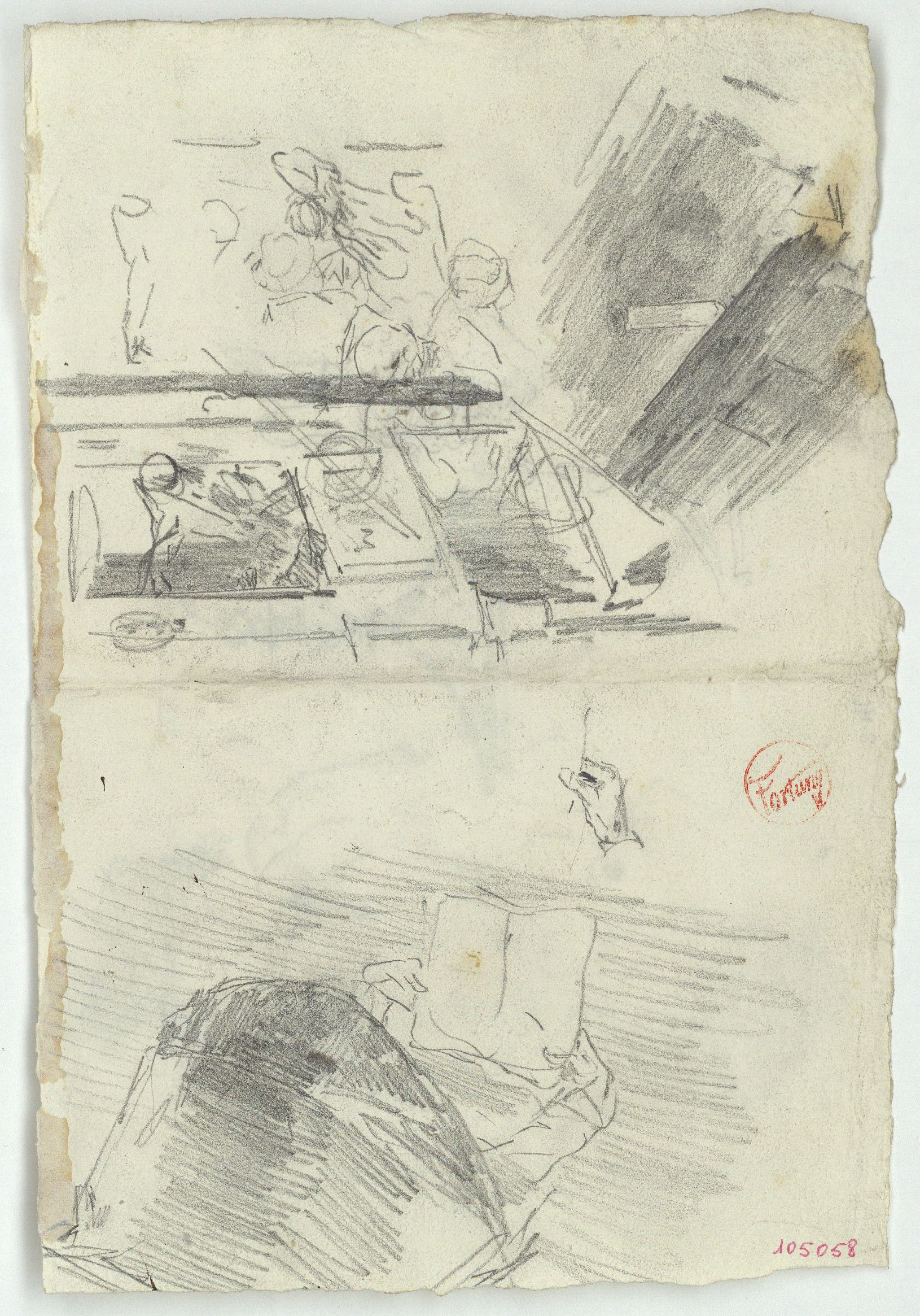 image for: Marià Fortuny - Esbós d'escenari teatral i coverol (anvers) / Gerra, copa i altres esbossos (revers) - Cap a 1863-1865