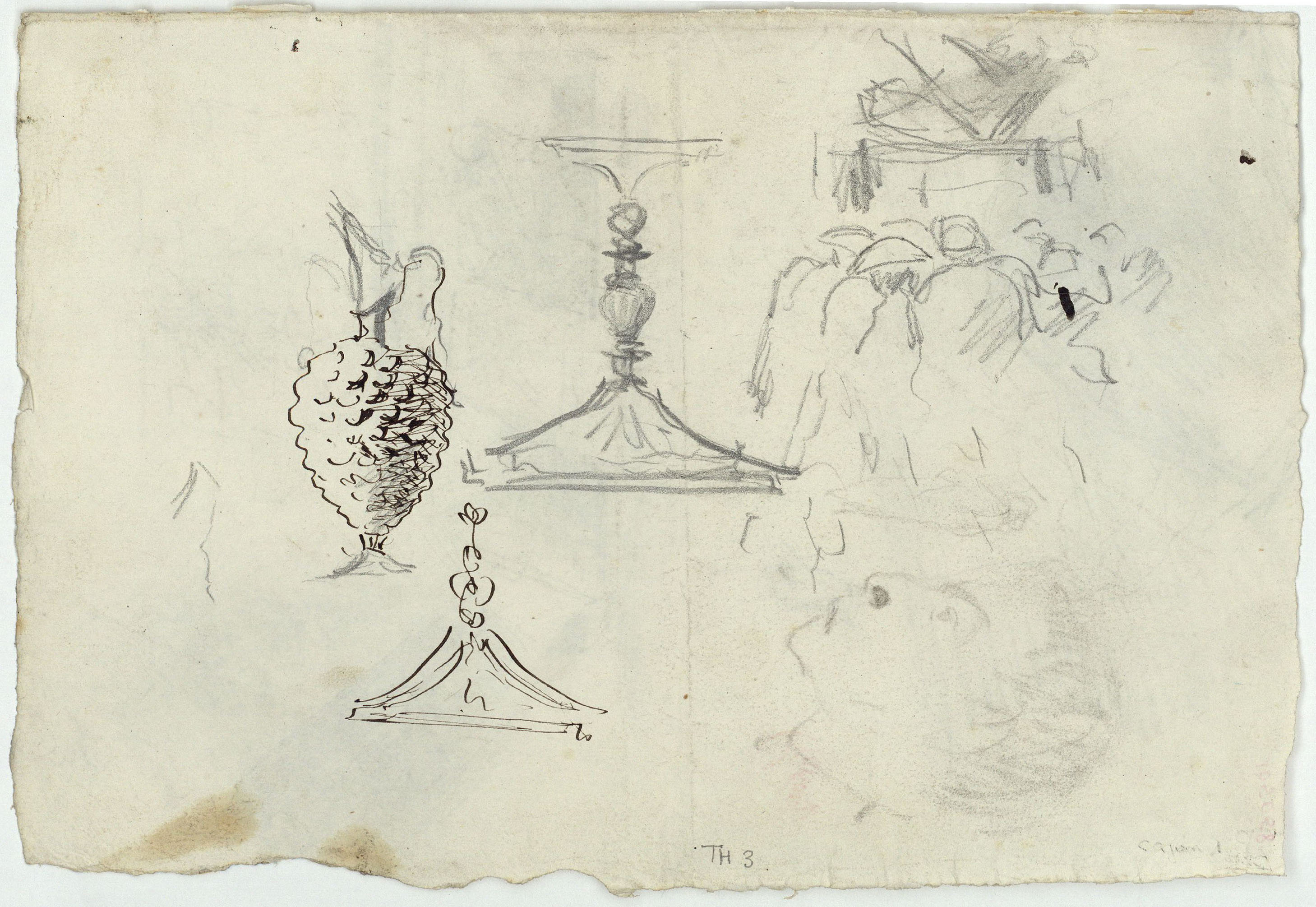 image for: Marià Fortuny - Esbós d'escenari teatral i coverol (anvers) / Gerra, copa i altres esbossos (revers) - Cap a 1863-1865 [1]