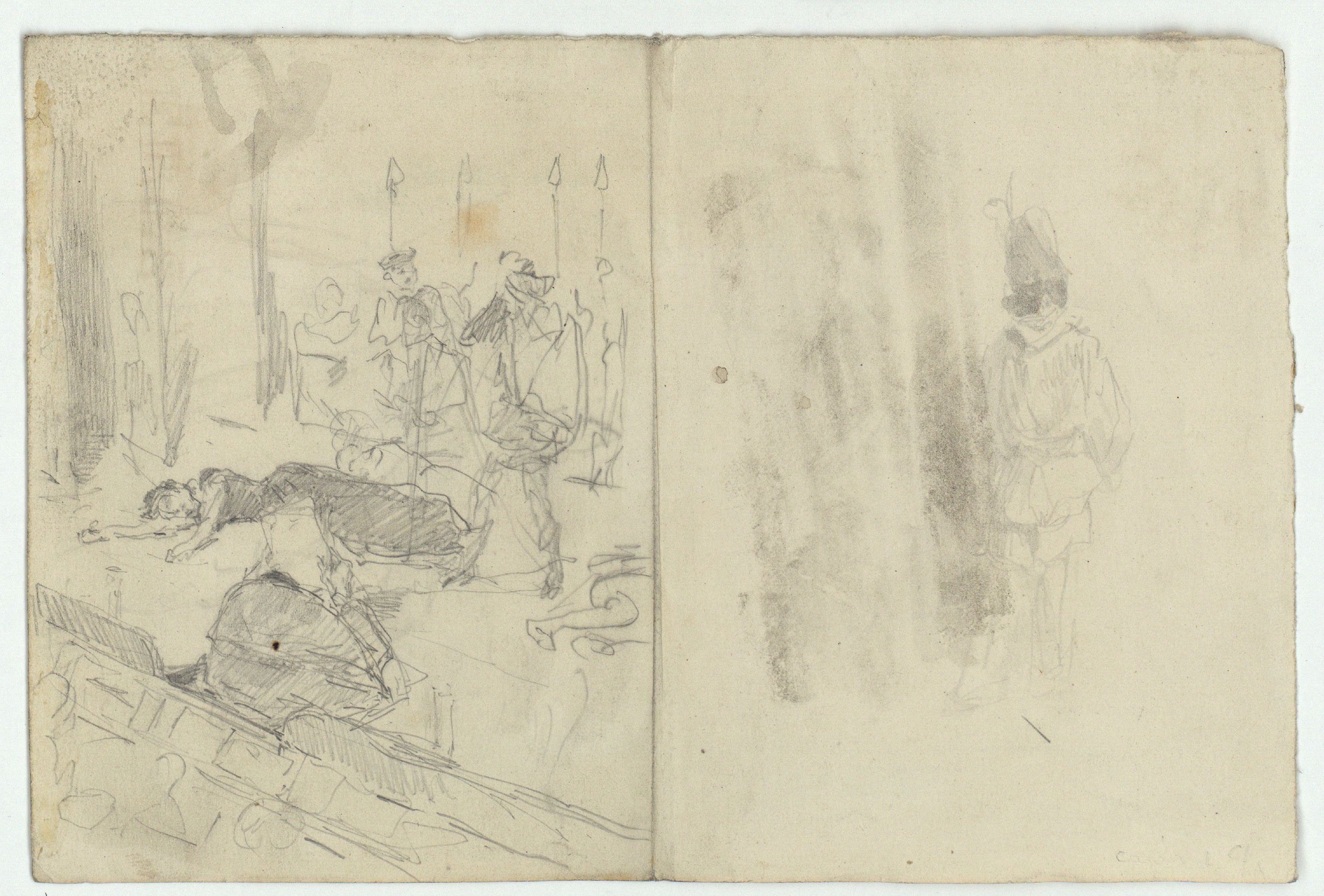 image for: Marià Fortuny - Esbós d'un carrer (anvers) / Representació teatral i home disfressat (revers) - Cap a 1867-1872 [1]